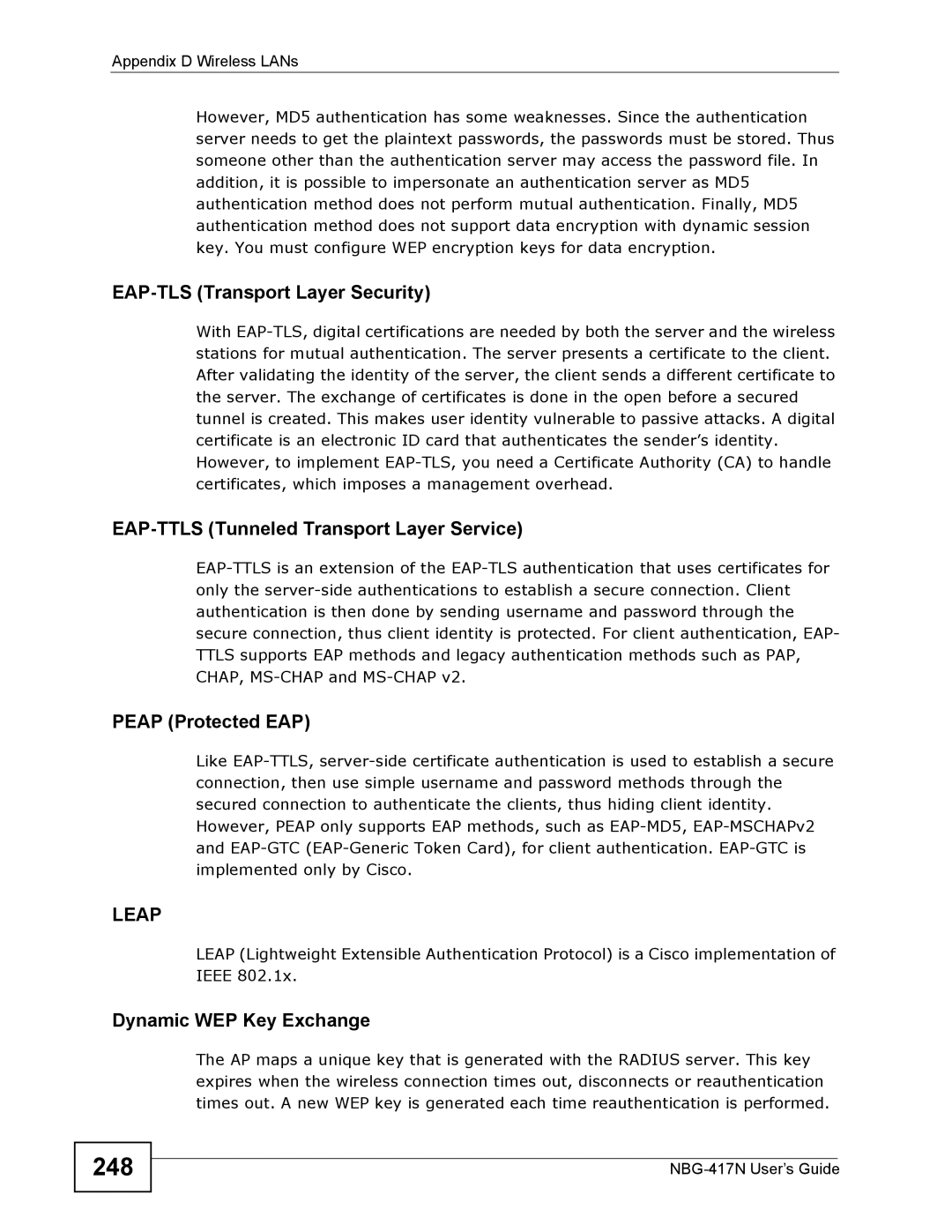 ZyXEL Communications NBG-417N manual 248, EAP-TLS Transport Layer Security, EAP-TTLS Tunneled Transport Layer Service 