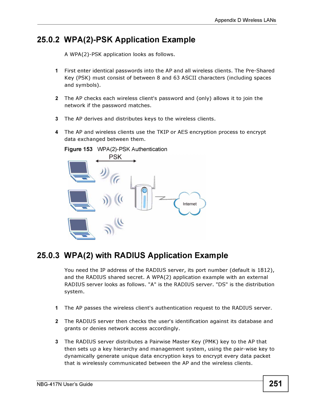 ZyXEL Communications NBG-417N manual 25.0.2 WPA2-PSK Application Example, 25.0.3 WPA2 with Radius Application Example, 251 