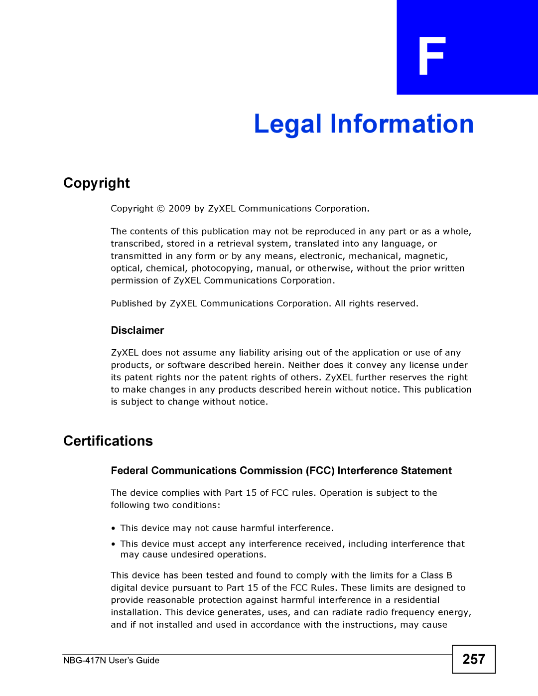 ZyXEL Communications NBG-417N manual Copyright, Certifications, 257, Disclaimer 