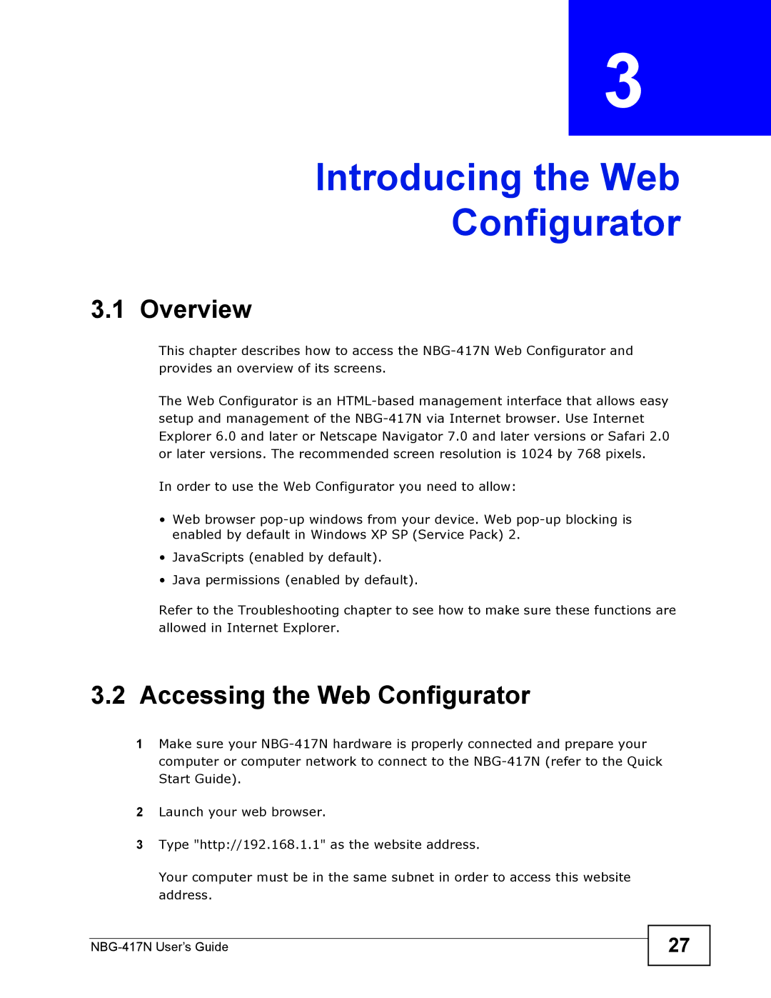 ZyXEL Communications NBG-417N manual Introducing the Web Configurator, Accessing the Web Configurator 