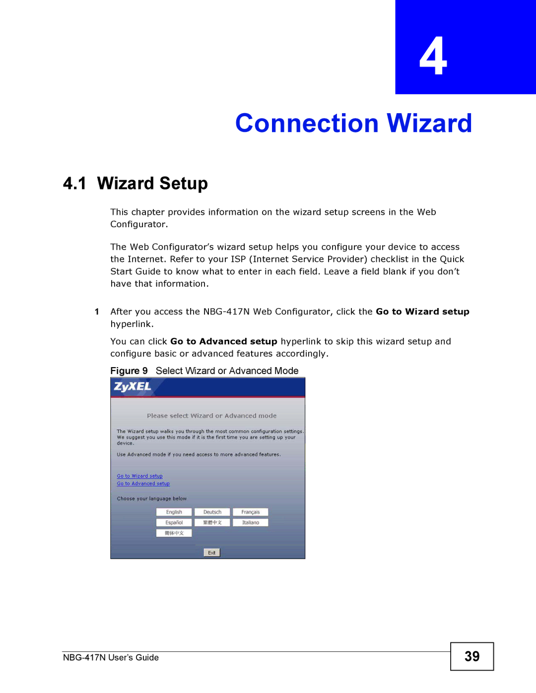 ZyXEL Communications NBG-417N manual Connection Wizard, Wizard Setup 