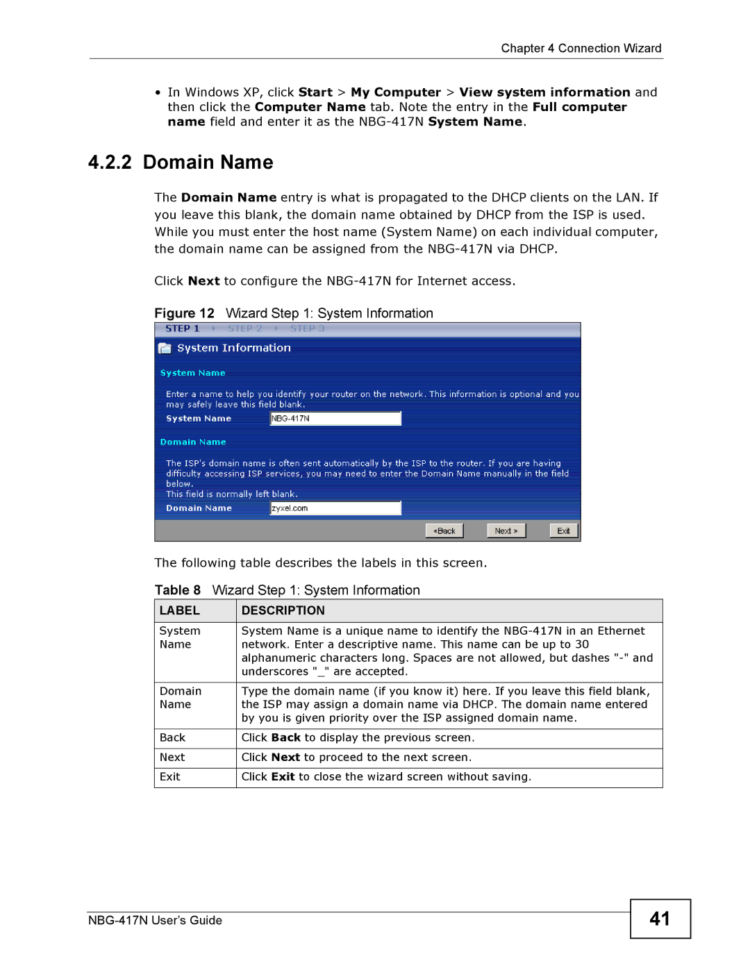 ZyXEL Communications NBG-417N manual Domain Name, Wizard System Information 