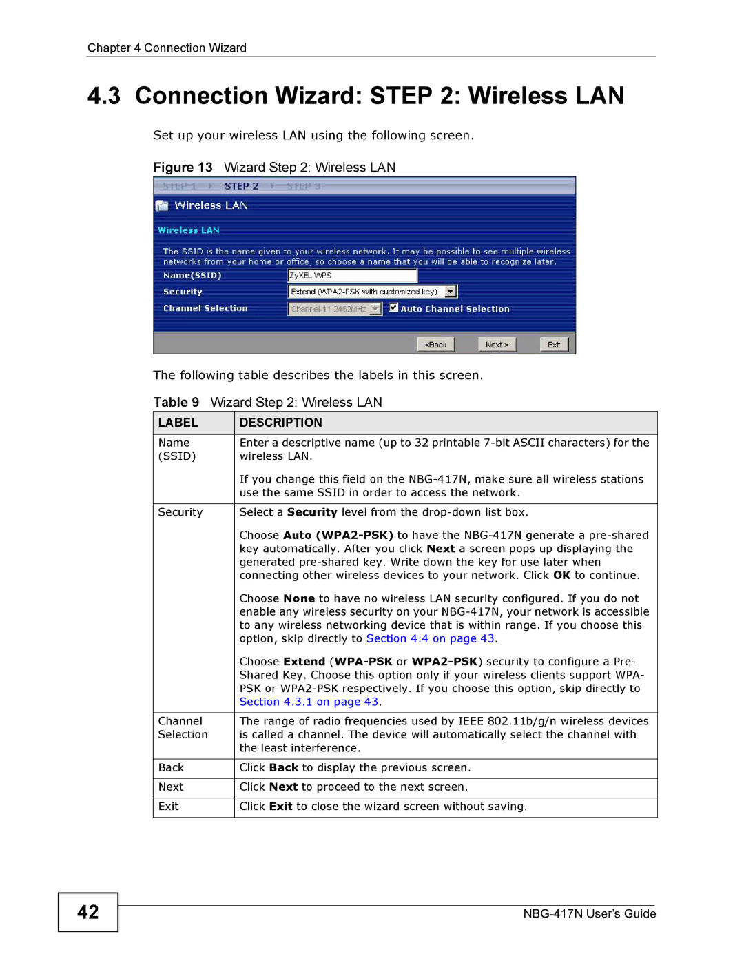 ZyXEL Communications NBG-417N manual Connection Wizard Wireless LAN, Ssid 