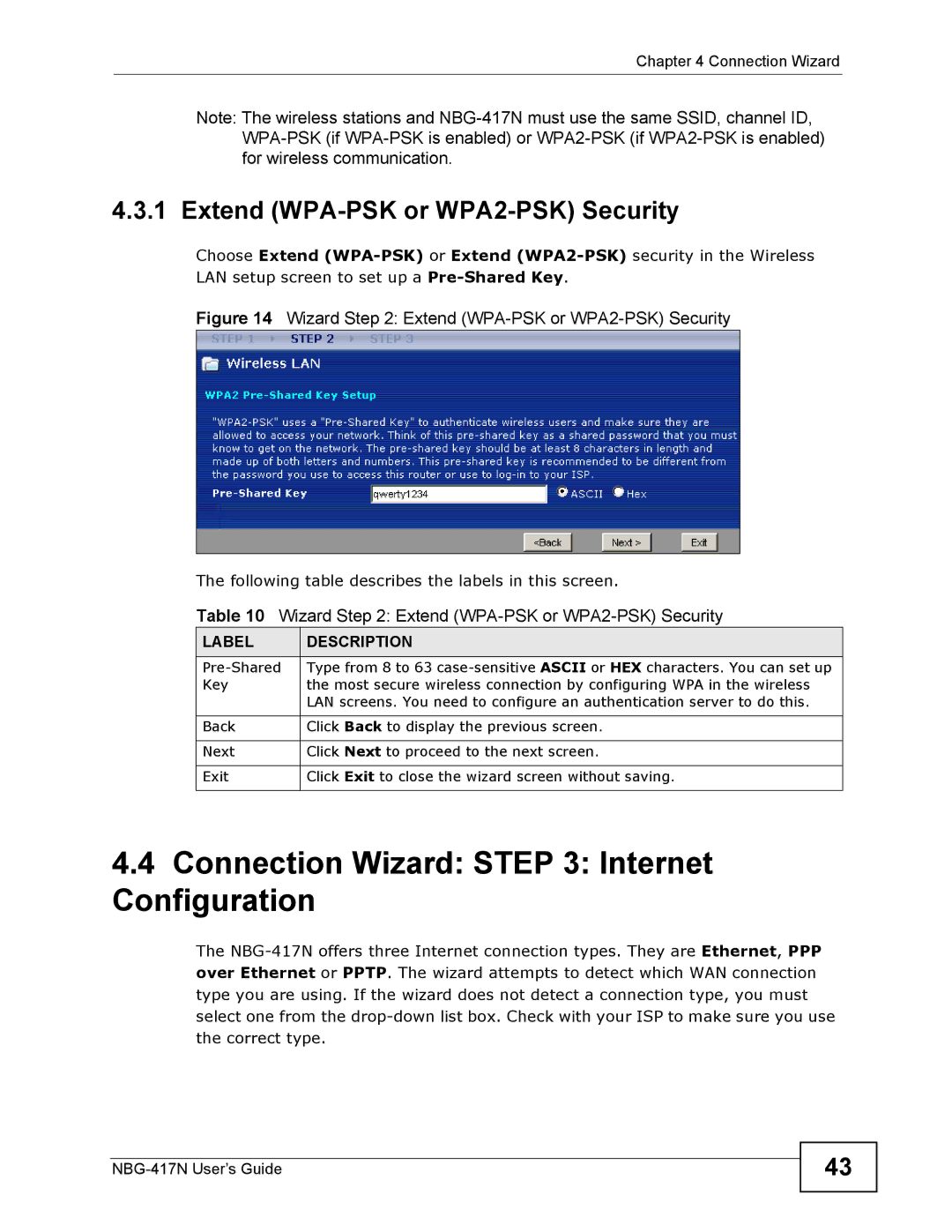 ZyXEL Communications NBG-417N manual Connection Wizard Internet Configuration, Extend WPA-PSK or WPA2-PSK Security 