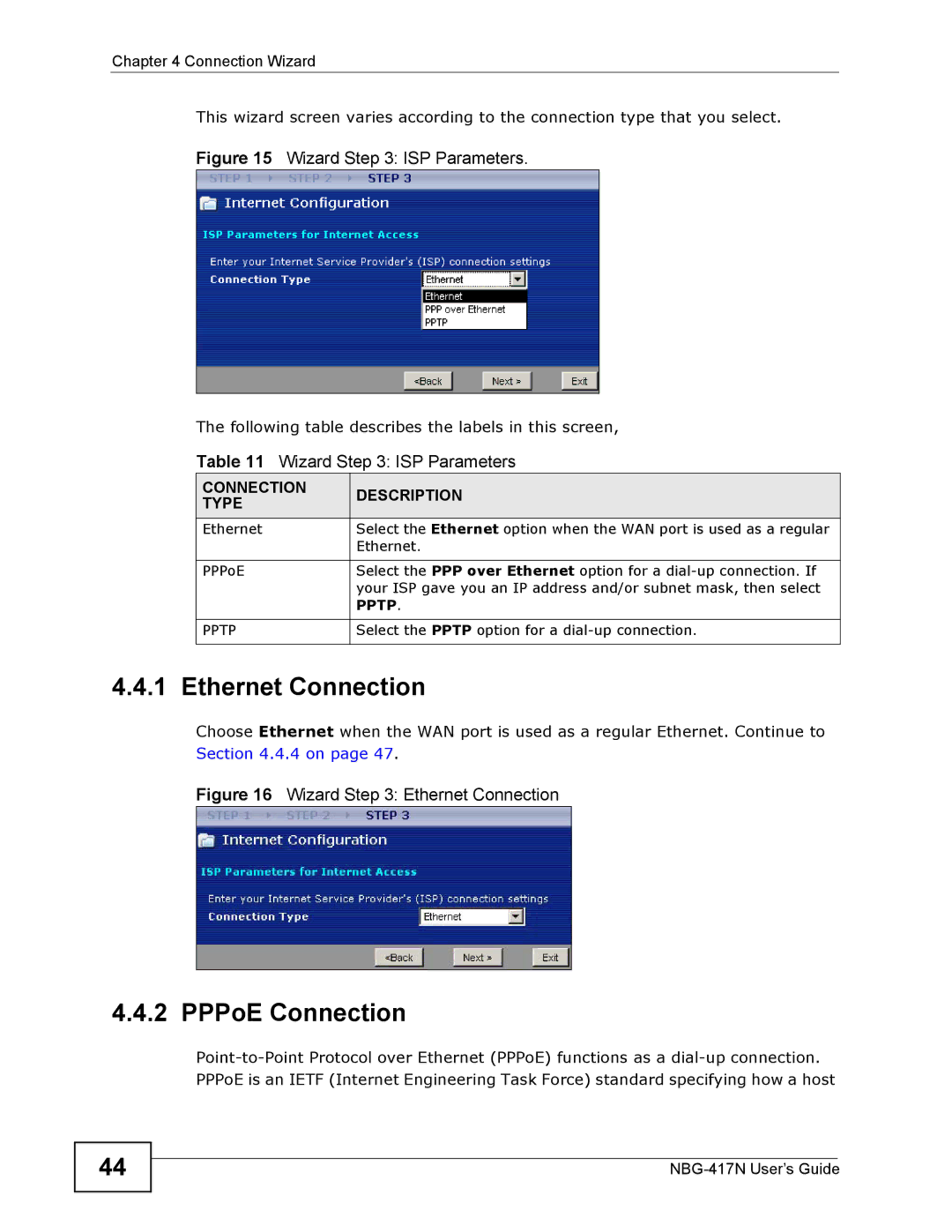 ZyXEL Communications NBG-417N manual Ethernet Connection, PPPoE Connection, Connection Description Type, Pptp 