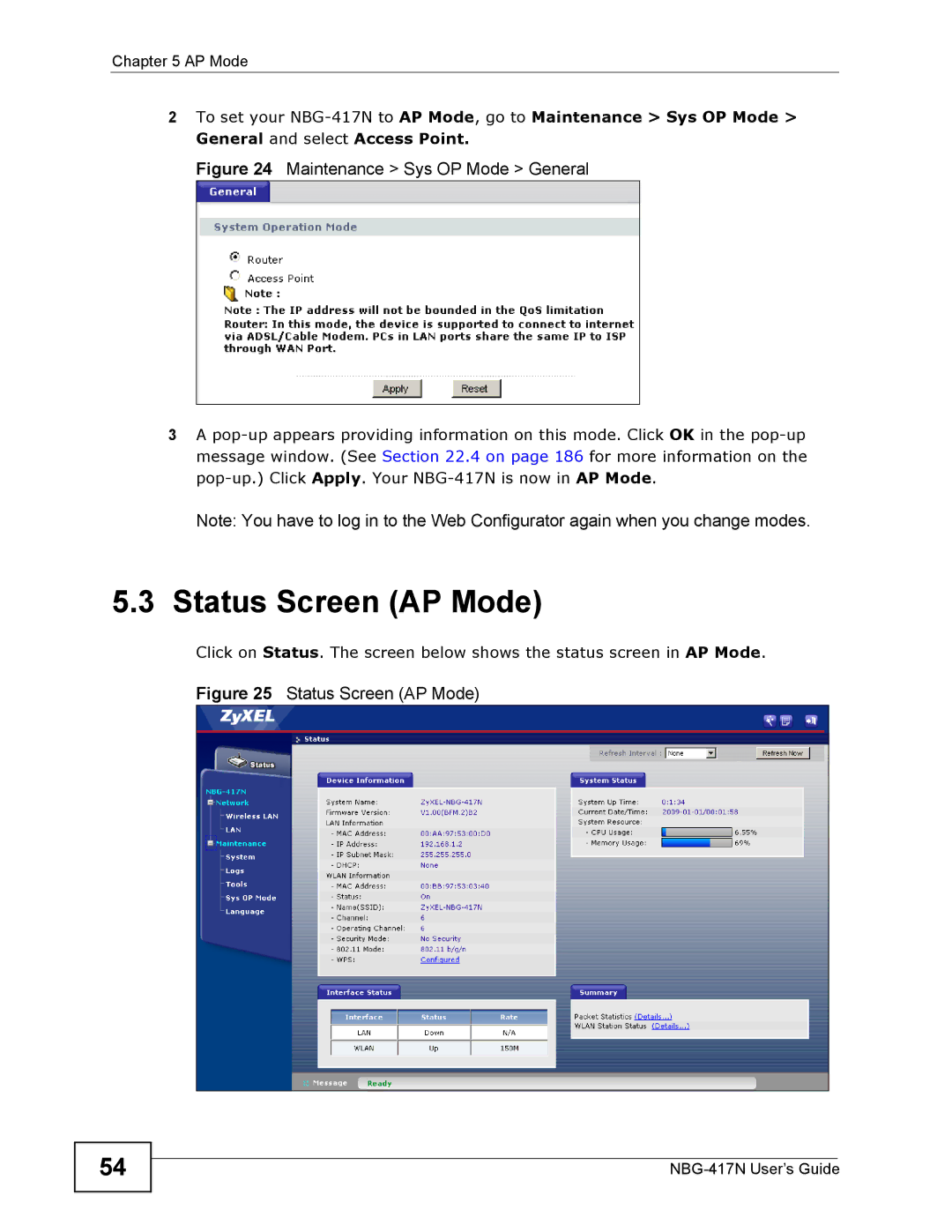 ZyXEL Communications NBG-417N manual Status Screen AP Mode, Maintenance Sys OP Mode General 