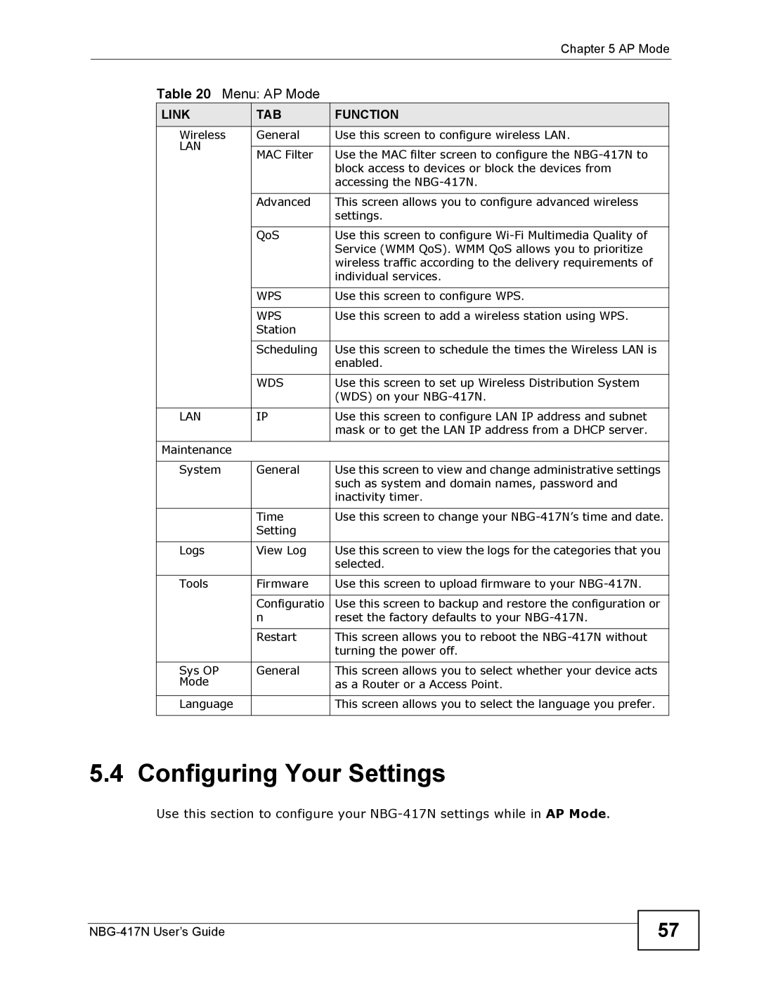 ZyXEL Communications NBG-417N manual Configuring Your Settings, Lan 