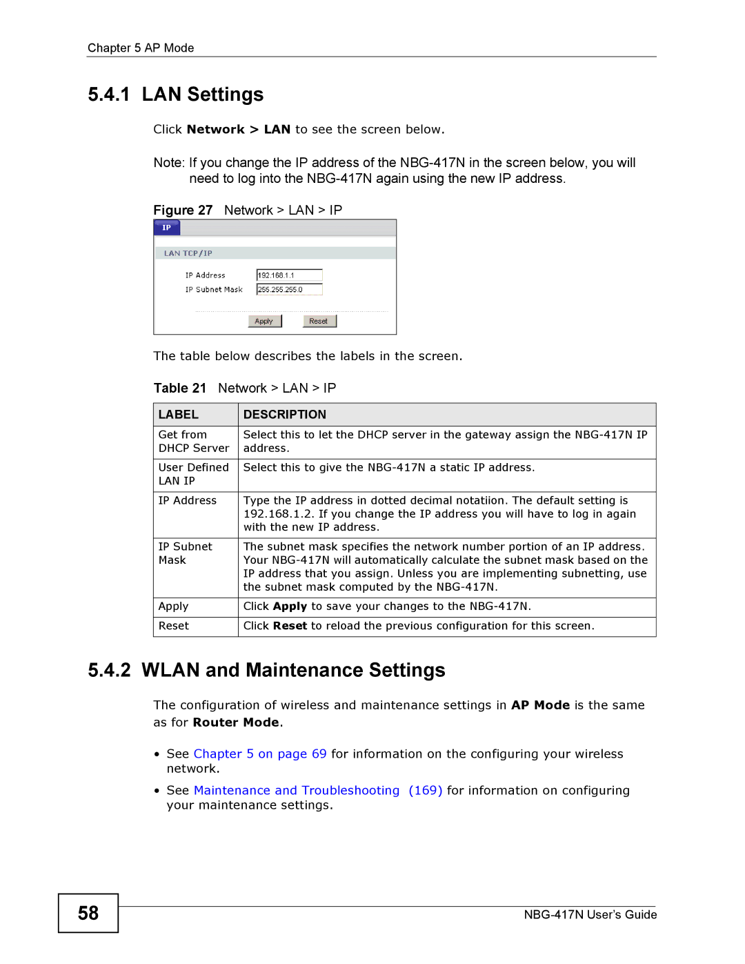 ZyXEL Communications NBG-417N manual LAN Settings, Wlan and Maintenance Settings, Lan Ip 