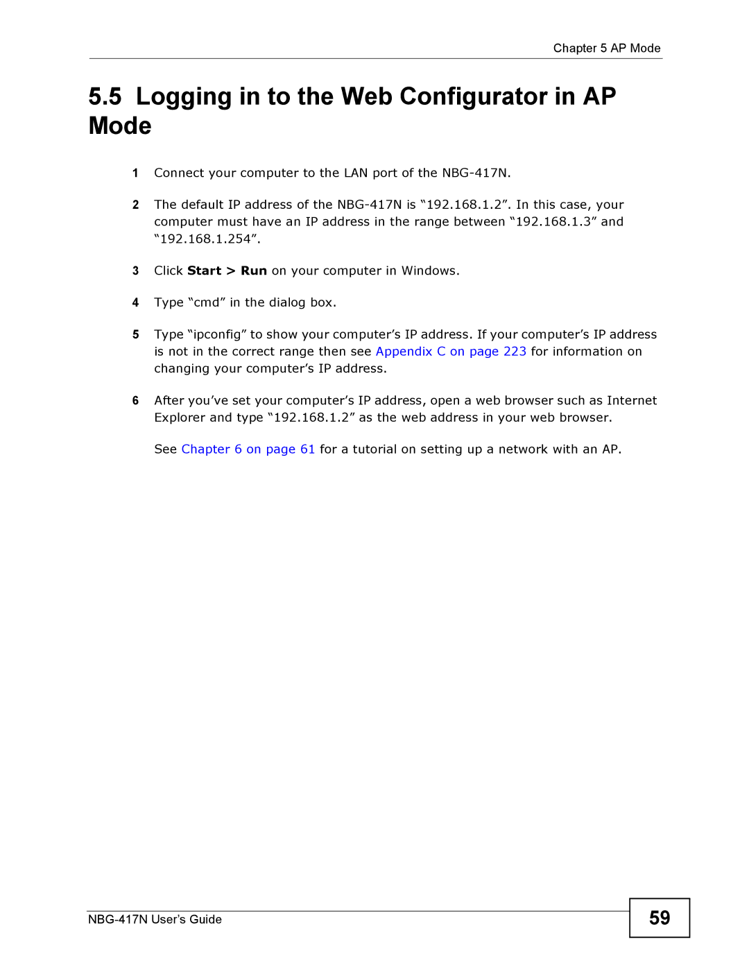 ZyXEL Communications NBG-417N manual Logging in to the Web Configurator in AP Mode 