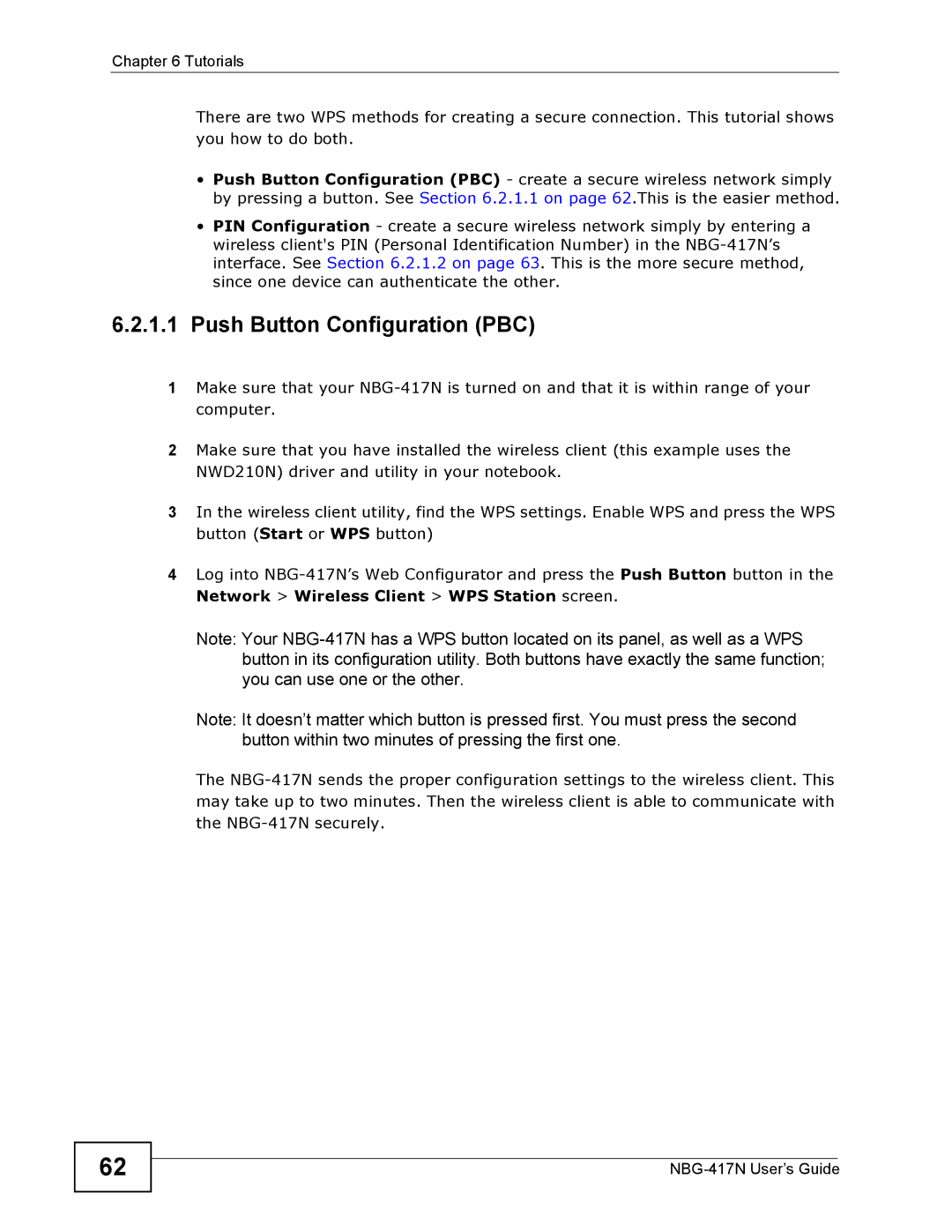 ZyXEL Communications NBG-417N manual Push Button Configuration PBC 