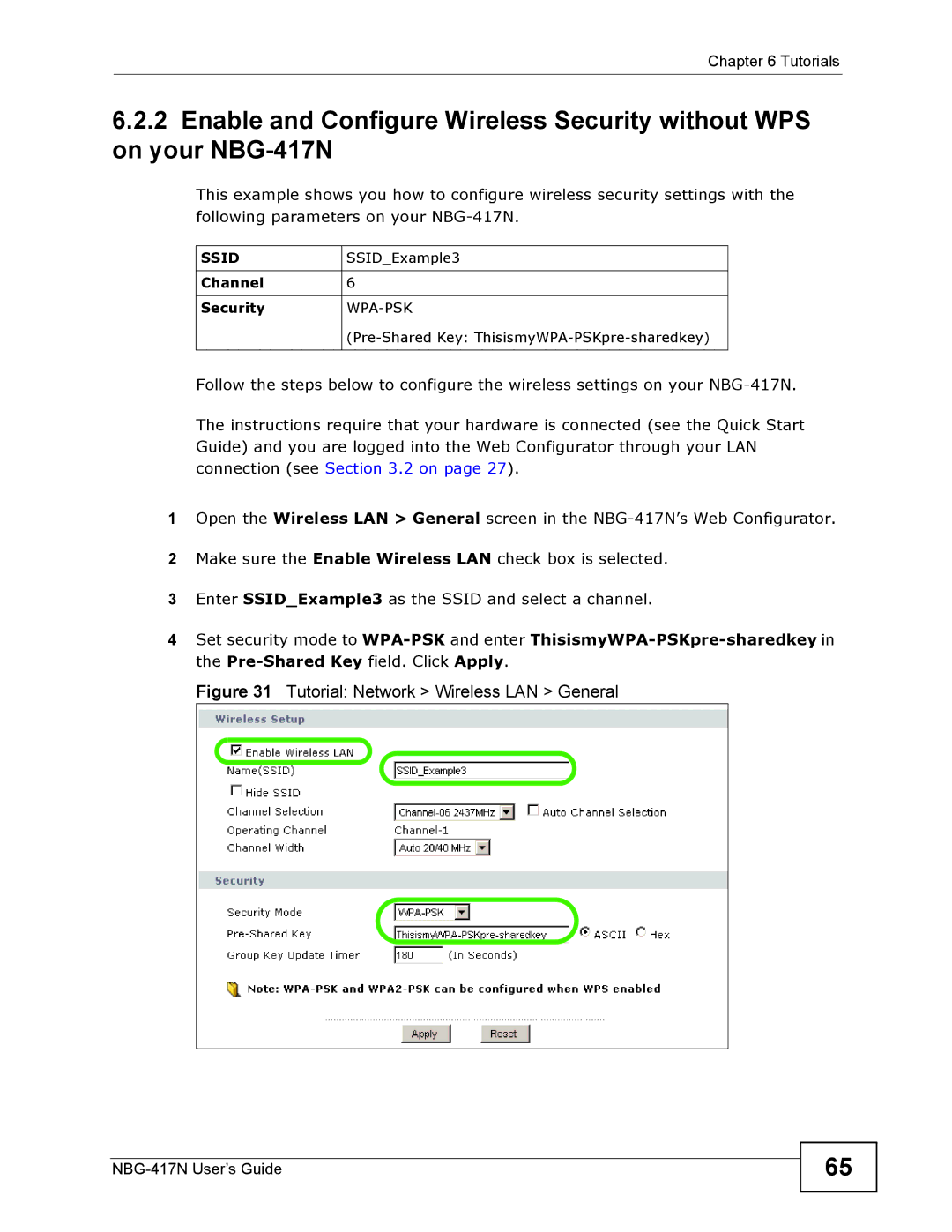 ZyXEL Communications NBG-417N manual Tutorial Network Wireless LAN General, Wpa-Psk 