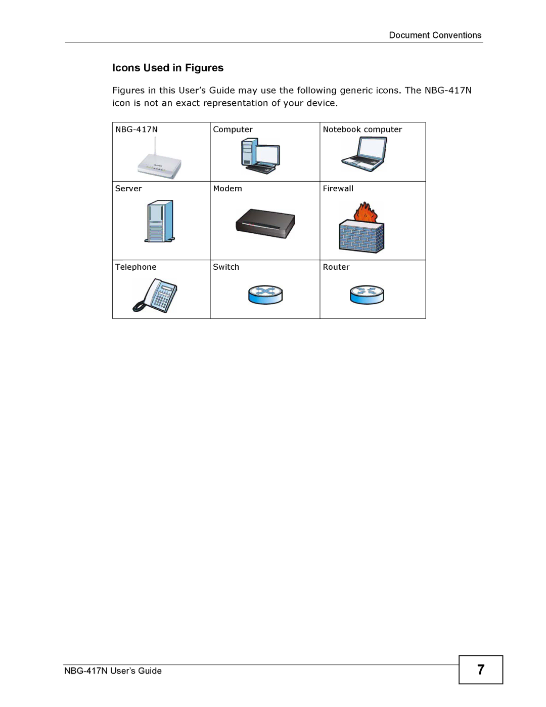 ZyXEL Communications NBG-417N manual Icons Used in Figures 