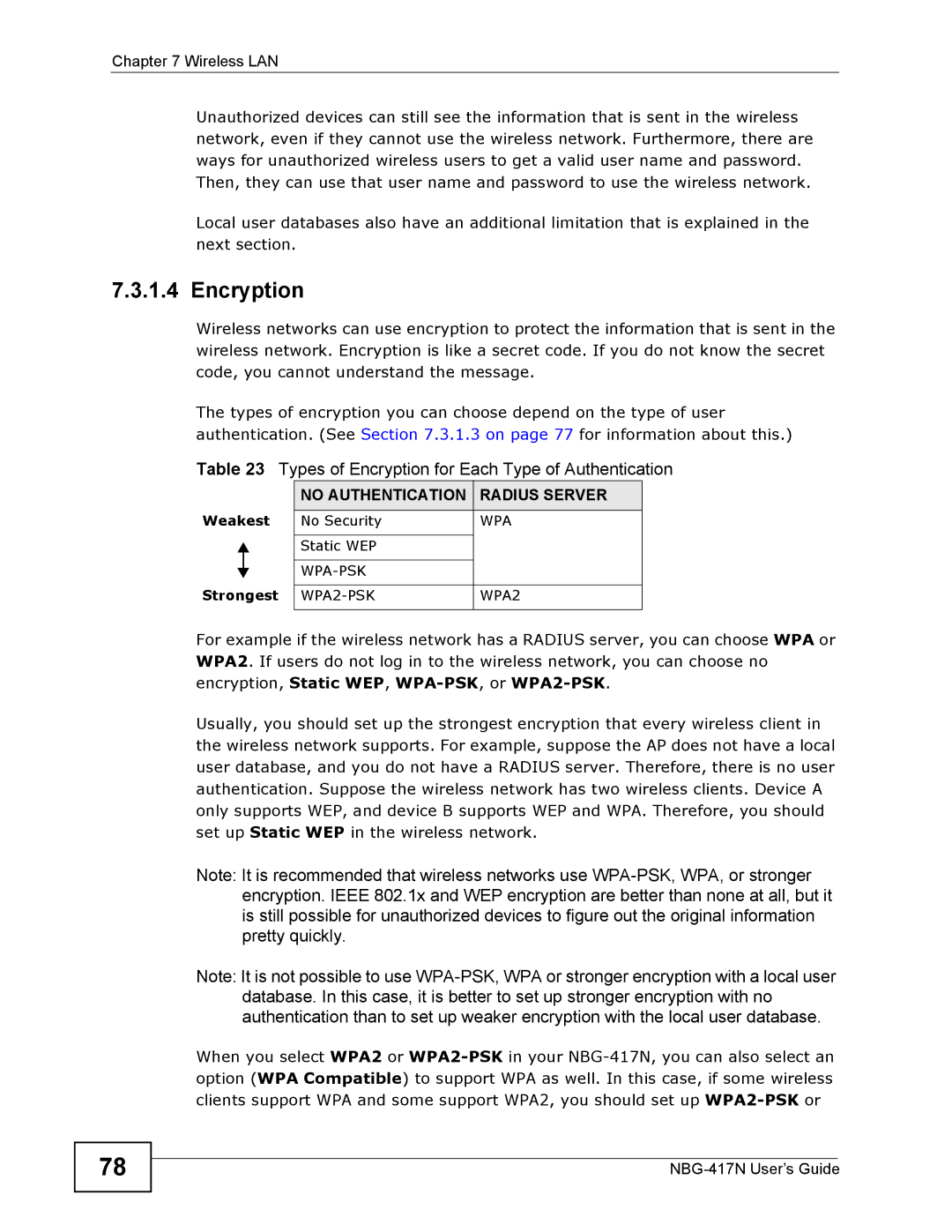 ZyXEL Communications NBG-417N Types of Encryption for Each Type of Authentication, No Authentication Radius Server, Wpa 