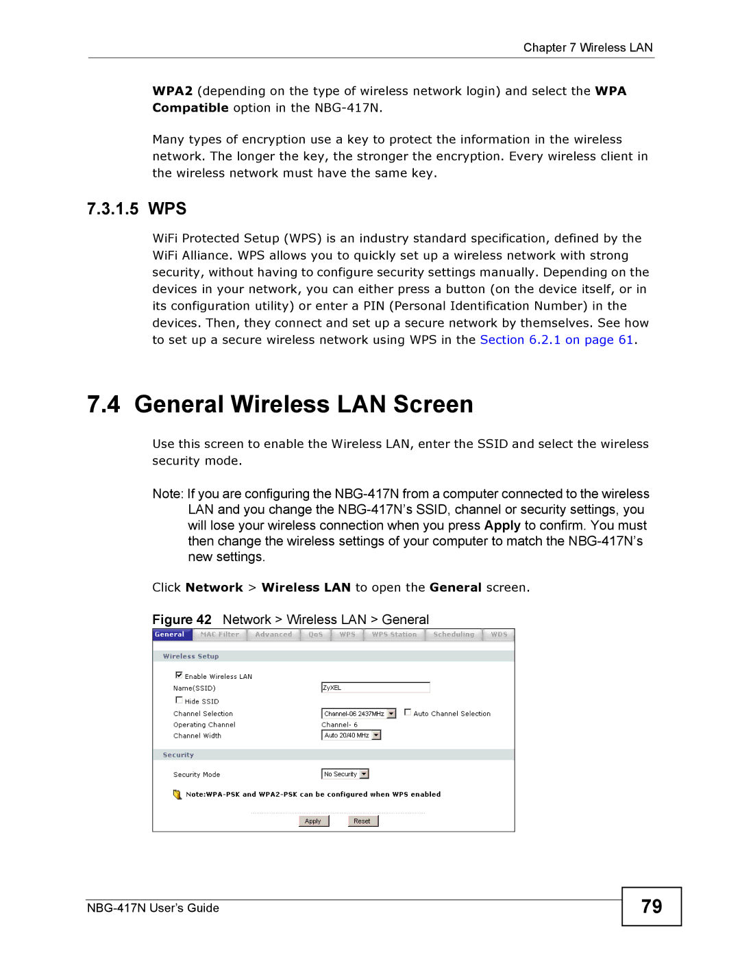 ZyXEL Communications NBG-417N manual General Wireless LAN Screen, Network Wireless LAN General 