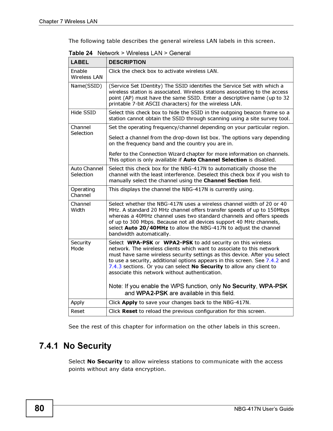 ZyXEL Communications NBG-417N manual No Security, WPA2-PSK are available in this field 