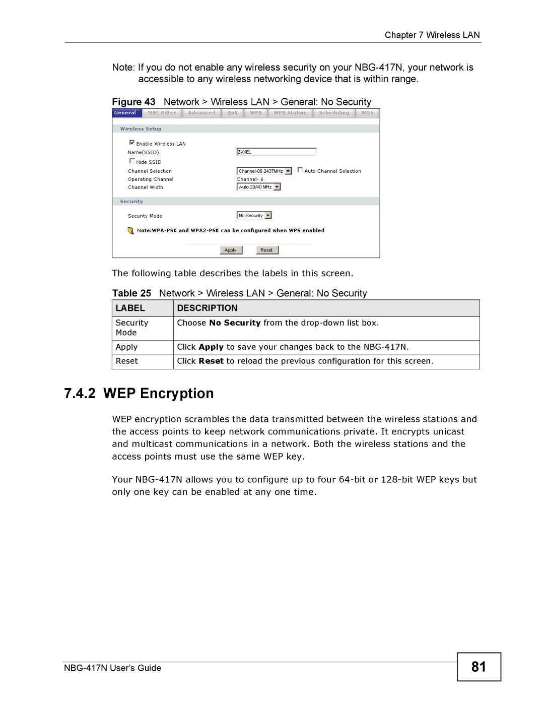 ZyXEL Communications NBG-417N manual WEP Encryption, Network Wireless LAN General No Security 