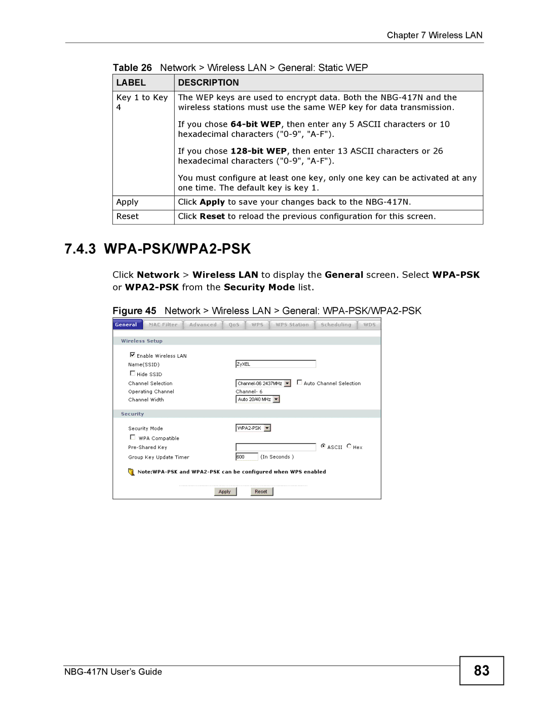 ZyXEL Communications NBG-417N manual WPA-PSK/WPA2-PSK 