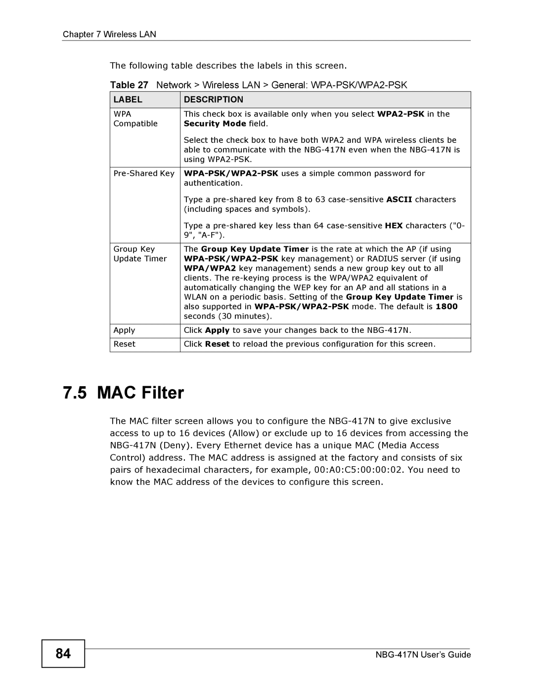 ZyXEL Communications NBG-417N manual MAC Filter, Security Mode field 