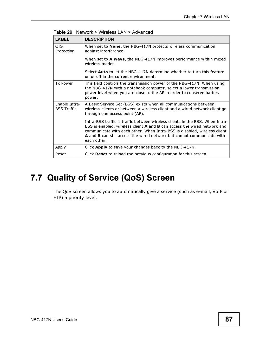 ZyXEL Communications NBG-417N manual Quality of Service QoS Screen, Cts 