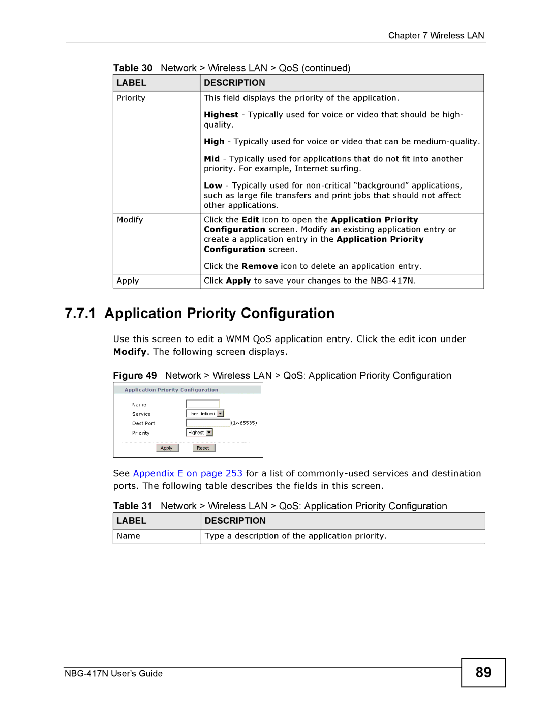 ZyXEL Communications NBG-417N manual Application Priority Configuration 