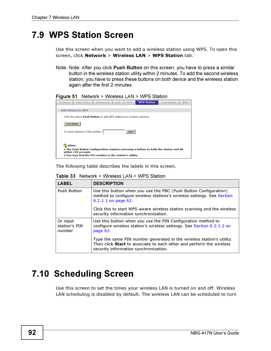 ZyXEL Communications NBG-417N manual WPS Station Screen, Scheduling Screen 