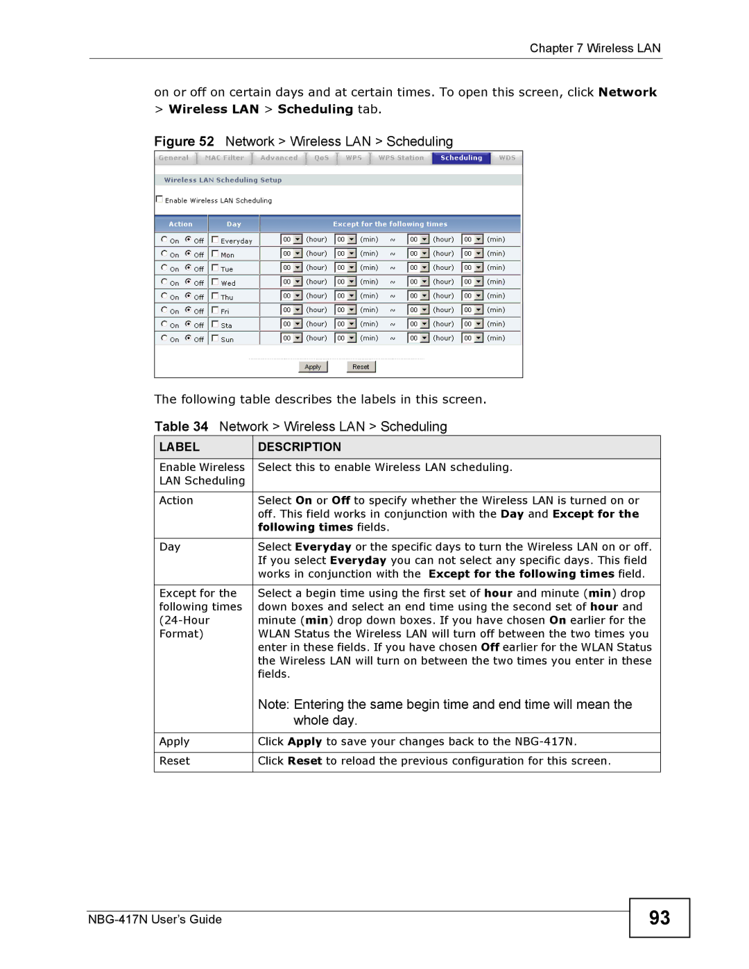 ZyXEL Communications NBG-417N manual Network Wireless LAN Scheduling, Whole day 