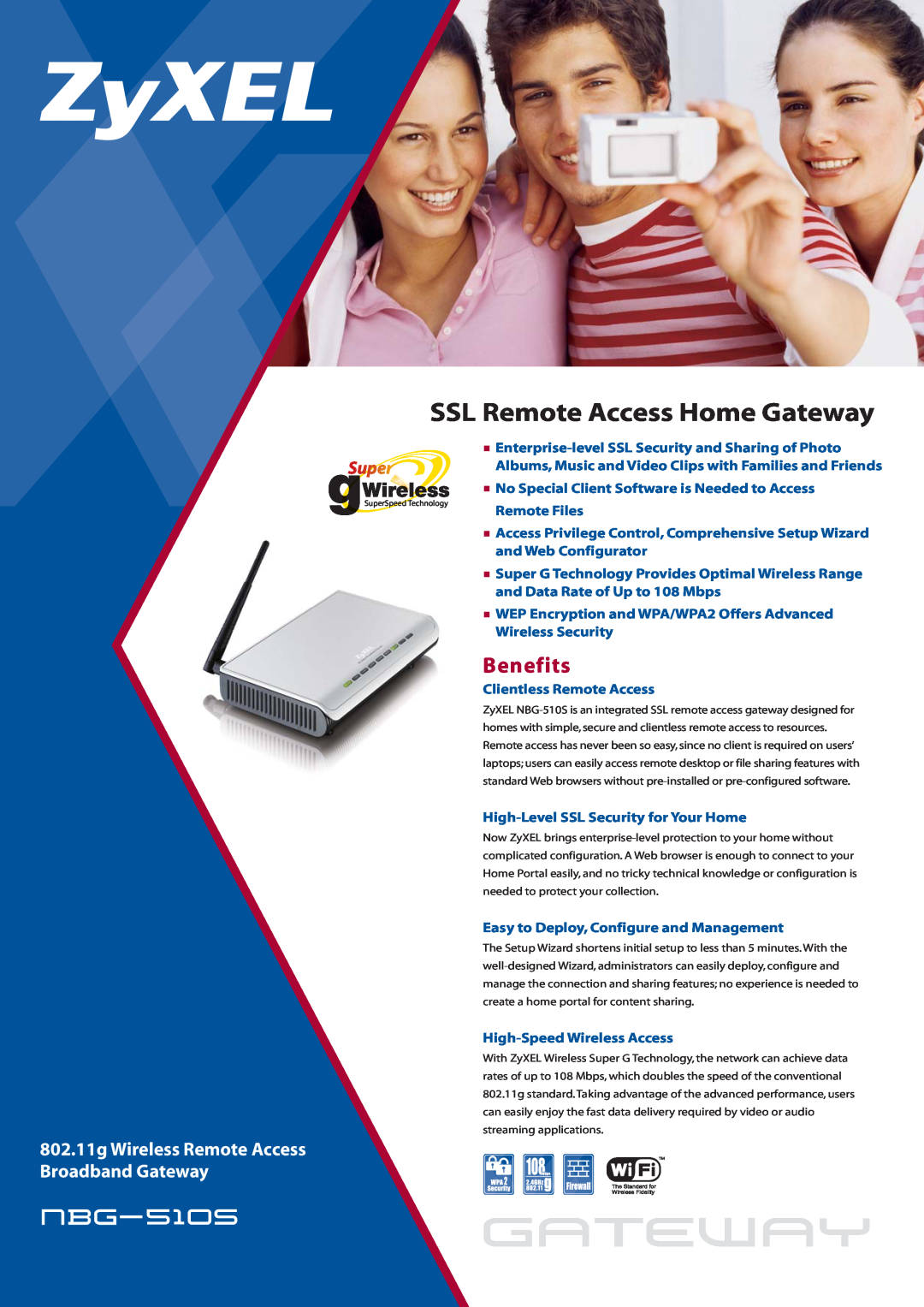 ZyXEL Communications NBG-510S manual Benefits, gateway, SSL Remote Access Home Gateway, nbg-510s 
