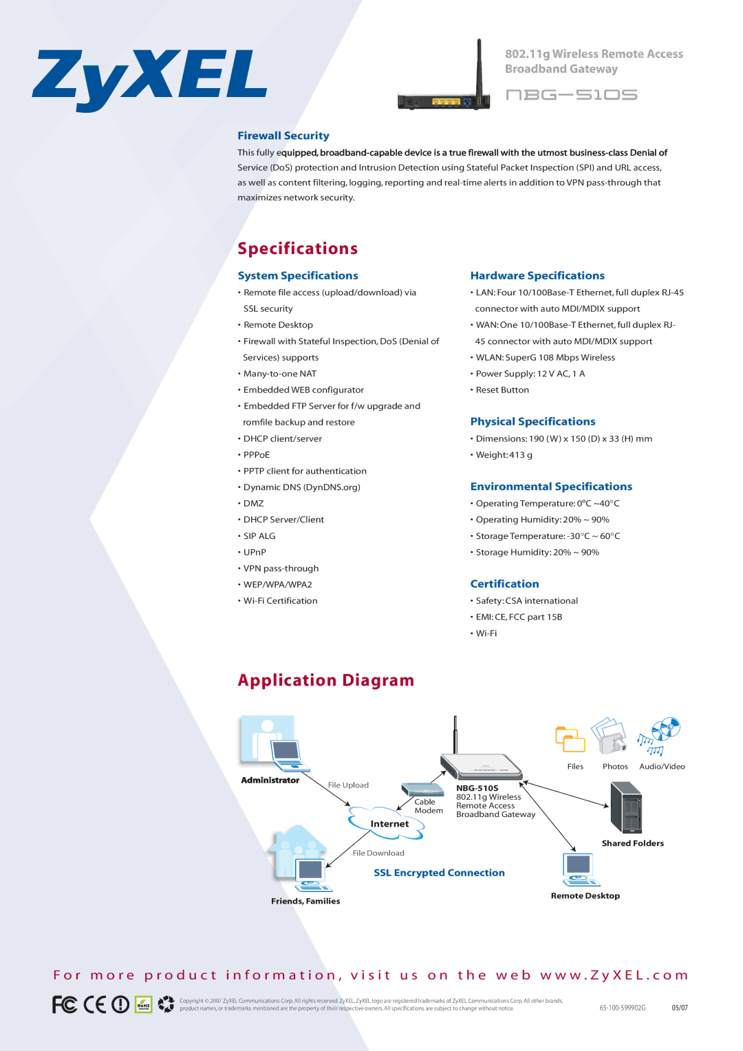 ZyXEL Communications NBG-510S manual Specifications, Application Diagram 