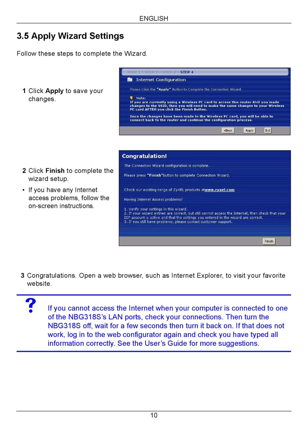 ZyXEL Communications NBG318S Series quick start Apply Wizard Settings 
