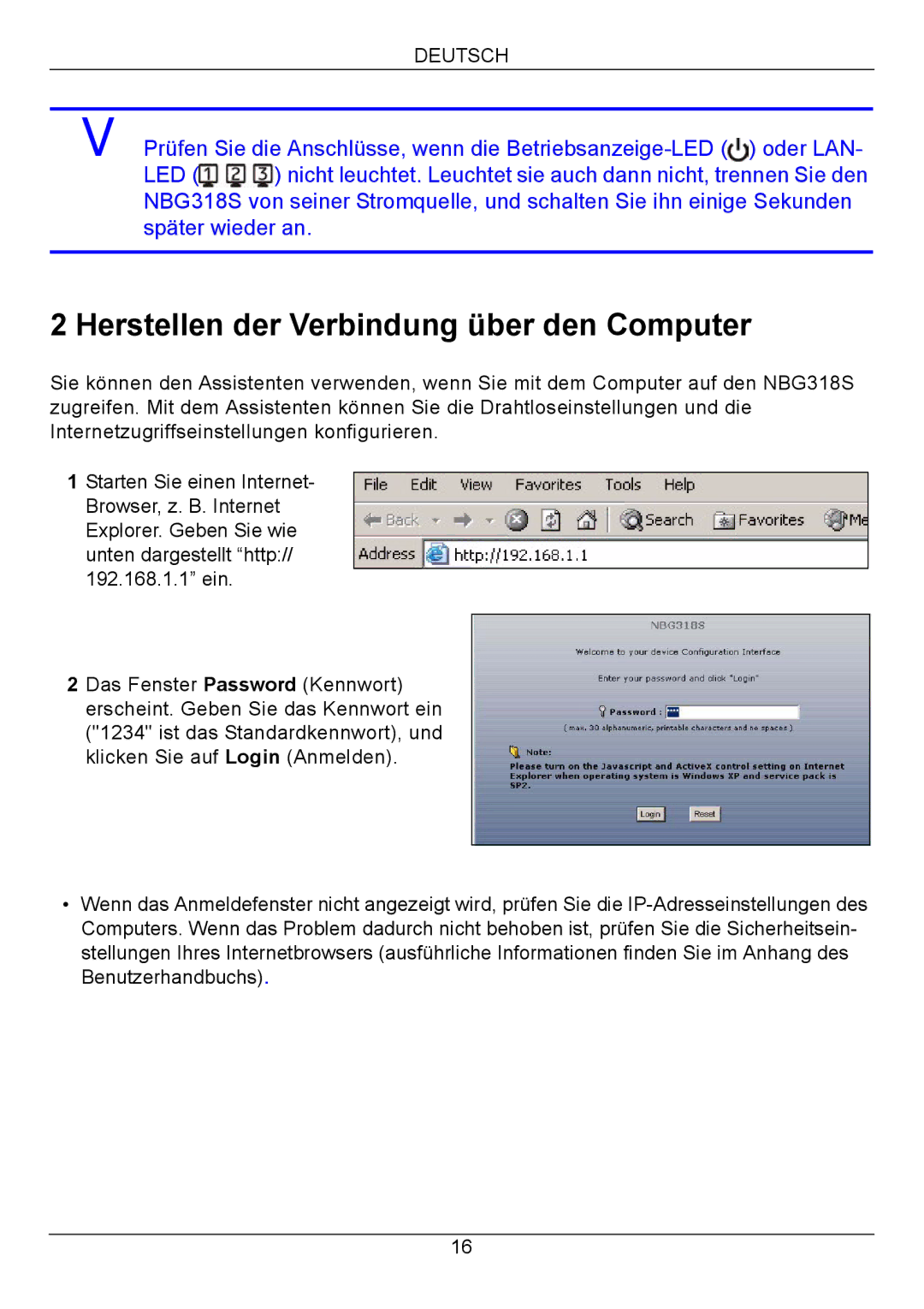 ZyXEL Communications NBG318S Series quick start Herstellen der Verbindung über den Computer 