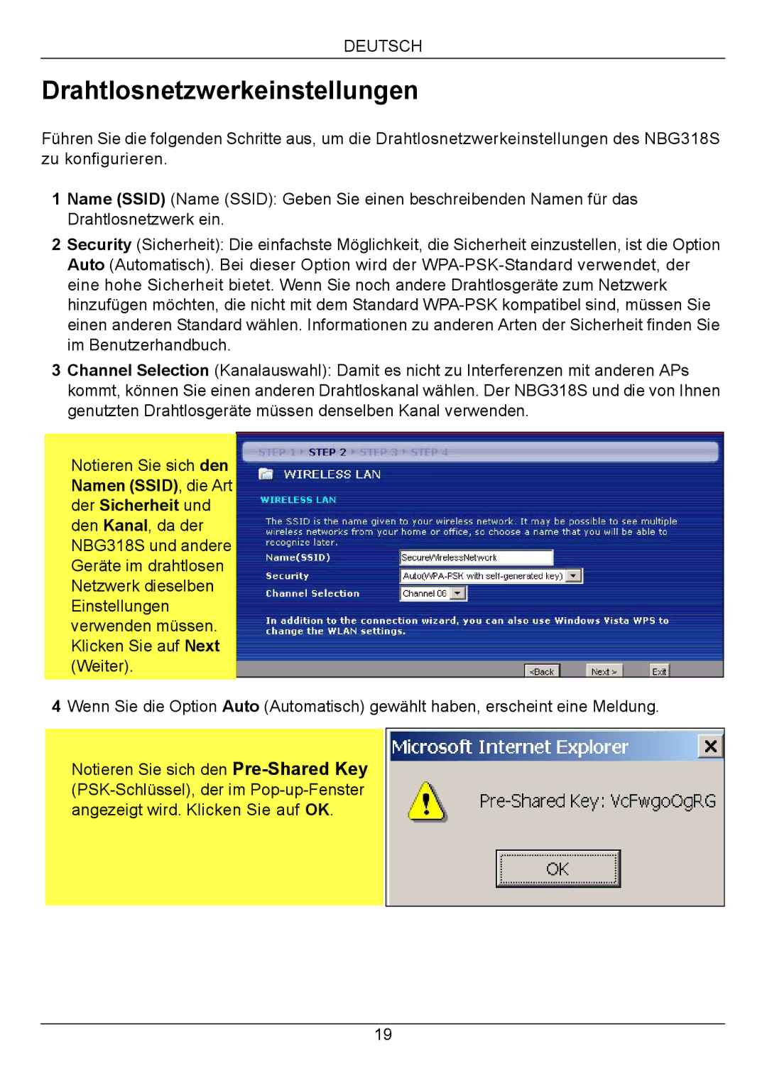 ZyXEL Communications NBG318S Series quick start Drahtlosnetzwerkeinstellungen 