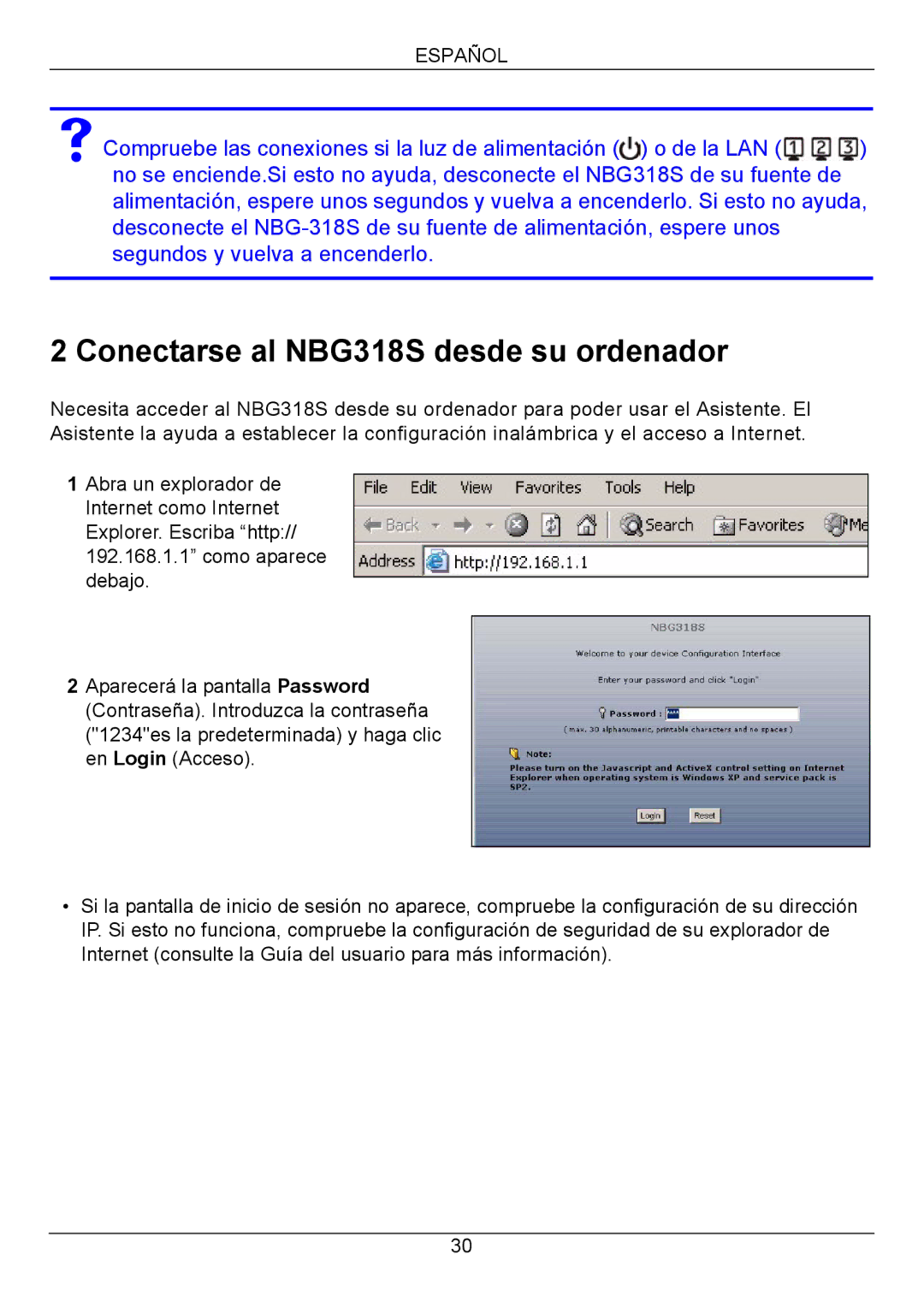 ZyXEL Communications NBG318S Series quick start Conectarse al NBG318S desde su ordenador 