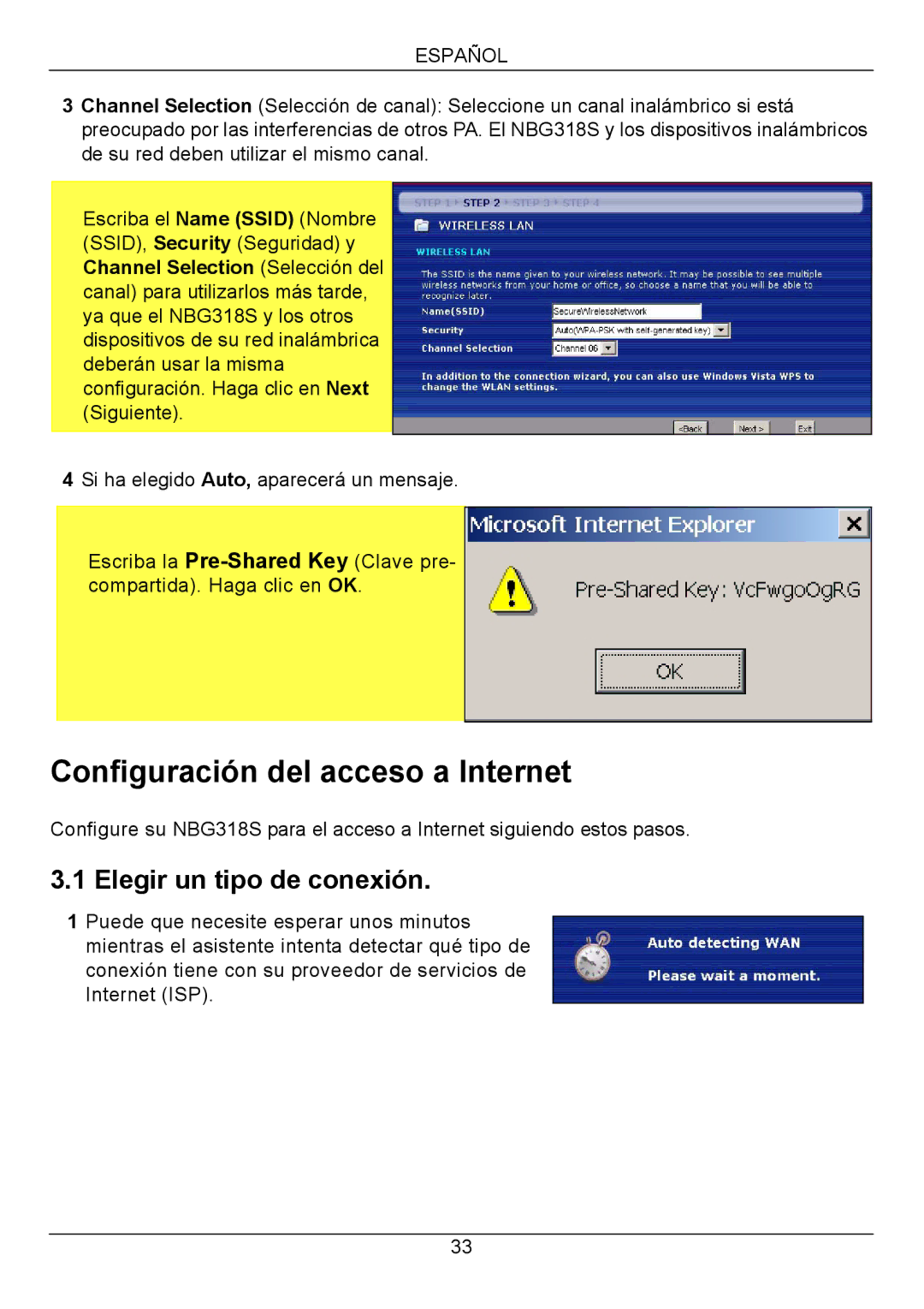 ZyXEL Communications NBG318S Series quick start Configuración del acceso a Internet, Elegir un tipo de conexión 