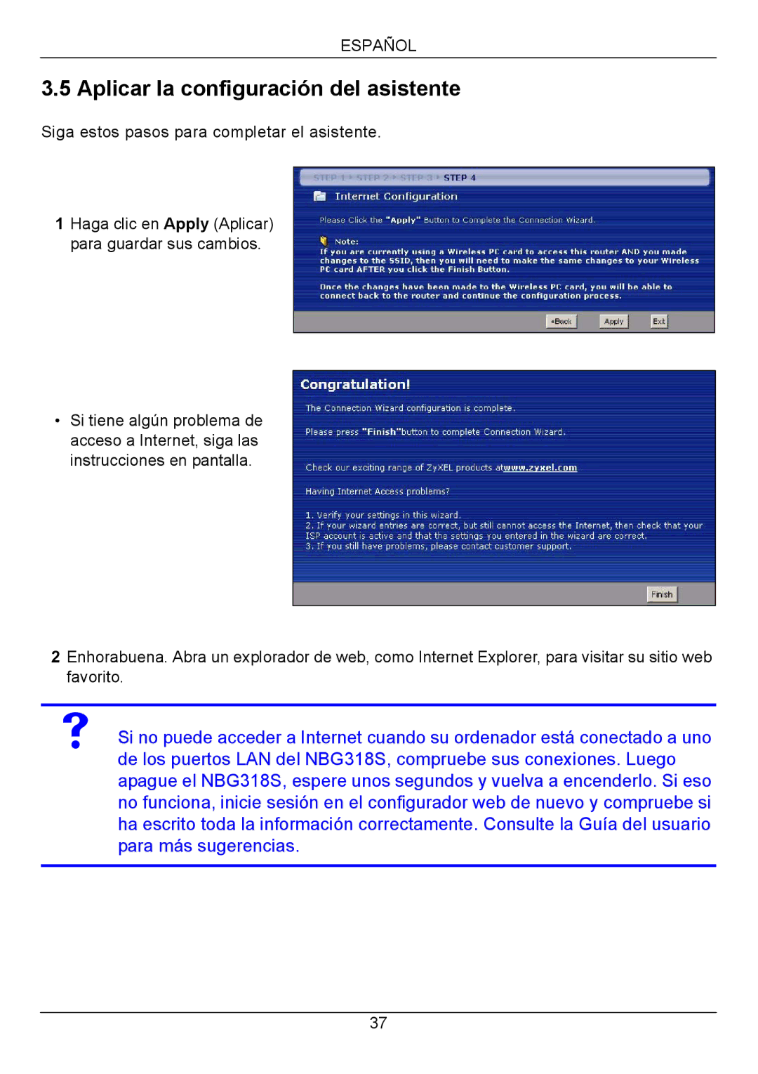 ZyXEL Communications NBG318S Series quick start Aplicar la configuración del asistente 