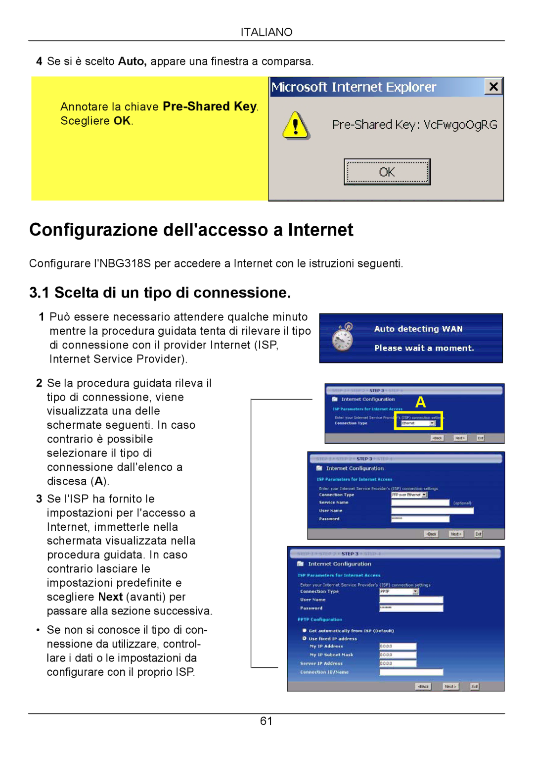 ZyXEL Communications NBG318S Series quick start Configurazione dellaccesso a Internet, Scelta di un tipo di connessione 