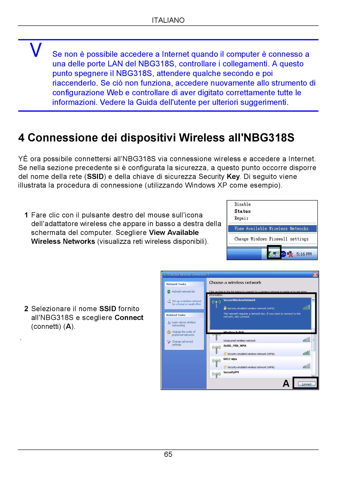 ZyXEL Communications NBG318S Series quick start Connessione dei dispositivi Wireless allNBG318S 