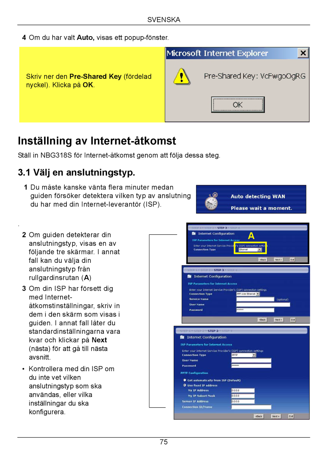 ZyXEL Communications NBG318S Series quick start Inställning av Internet-åtkomst, Välj en anslutningstyp 