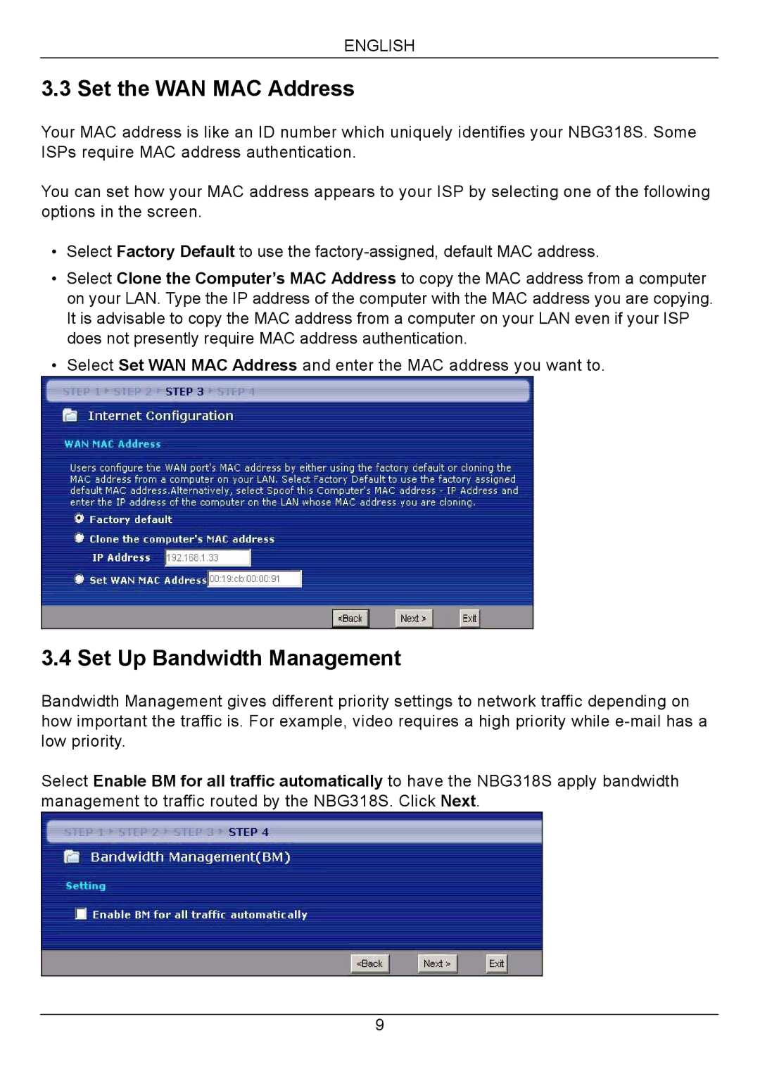 ZyXEL Communications NBG318S Series quick start Set the WAN MAC Address, Set Up Bandwidth Management 