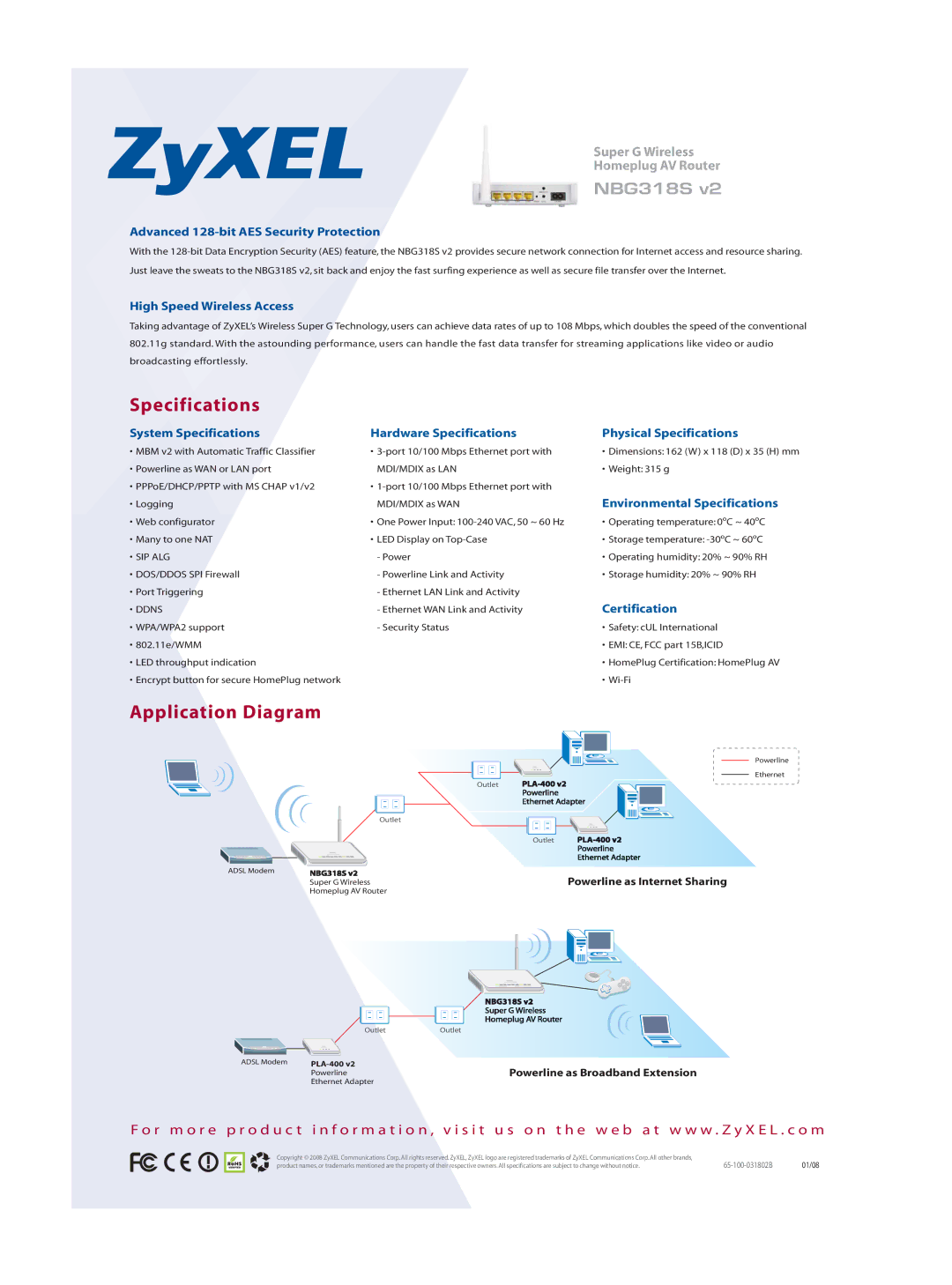 ZyXEL Communications NBG318S v2 manual Specifications, Application Diagram 