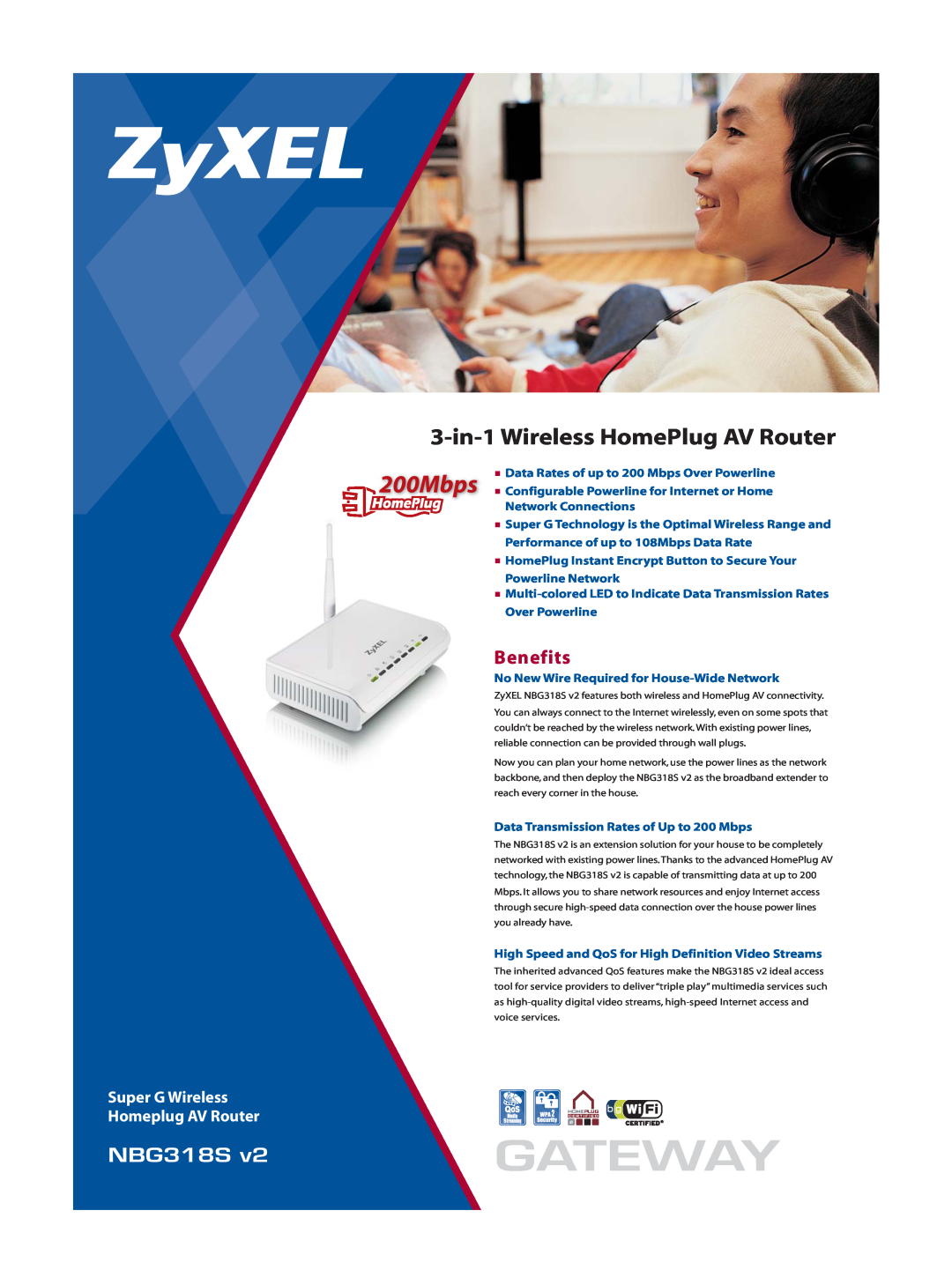 ZyXEL Communications NBG318S v2 manual Benefits, Gateway, 3-in-1 Wireless HomePlug AV Router 
