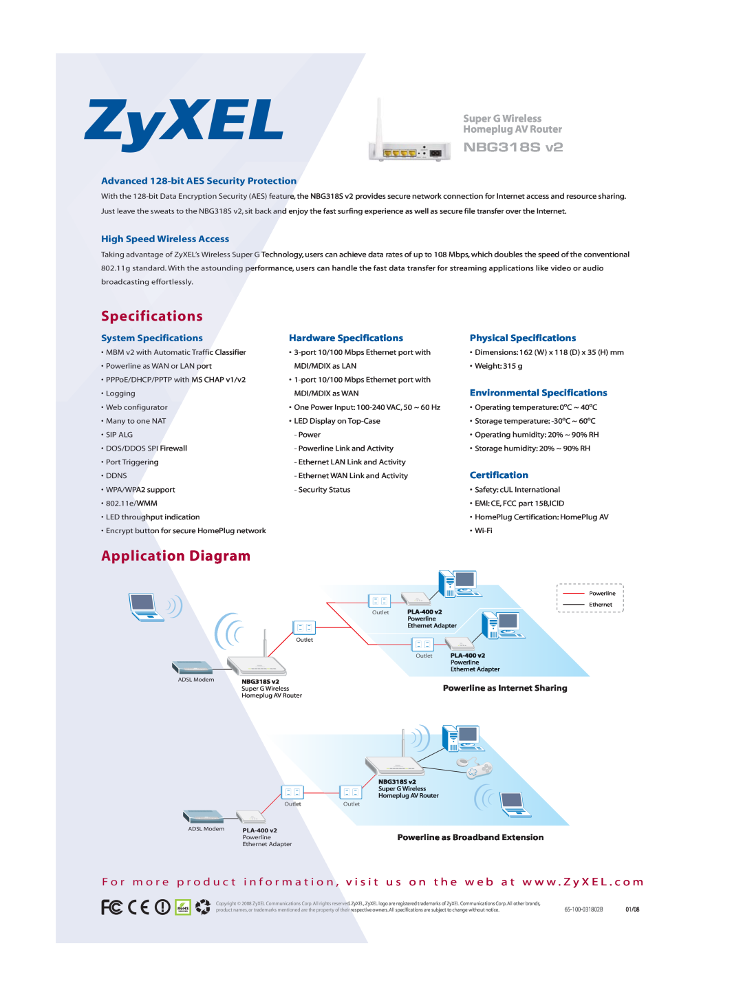 ZyXEL Communications NBG318S v2 Specifications, Application Diagram, Super G Wireless Homeplug AV Router, WAN or LAN port 