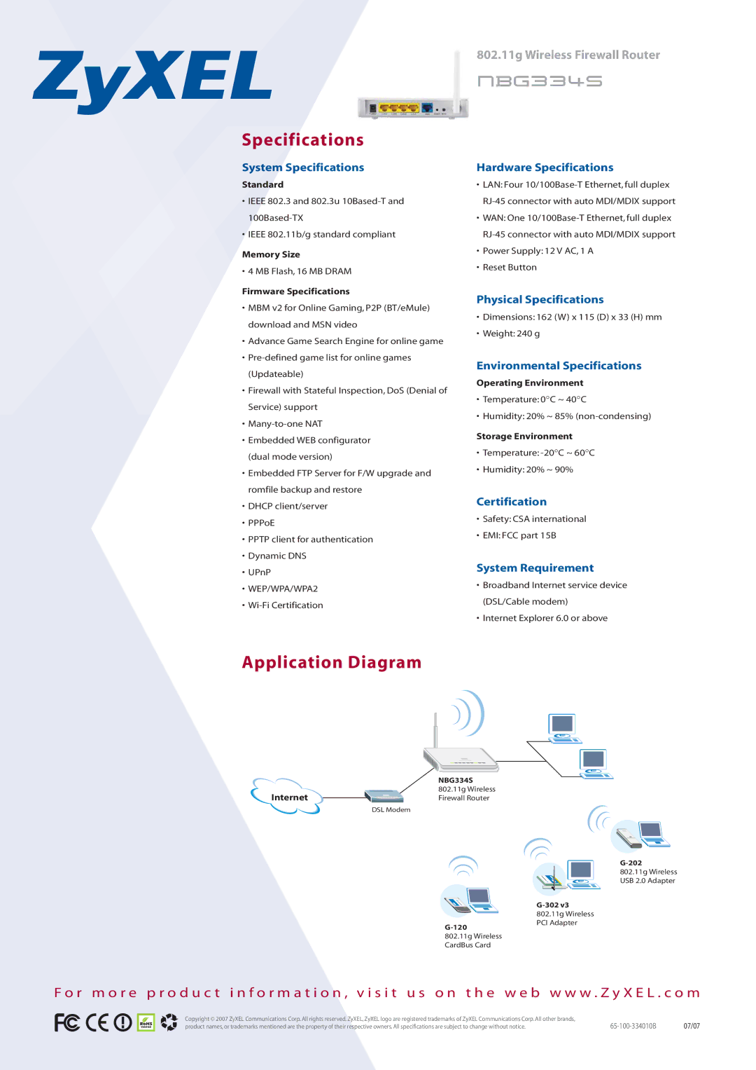 ZyXEL Communications nbg334s manual Specifications, Application Diagram 