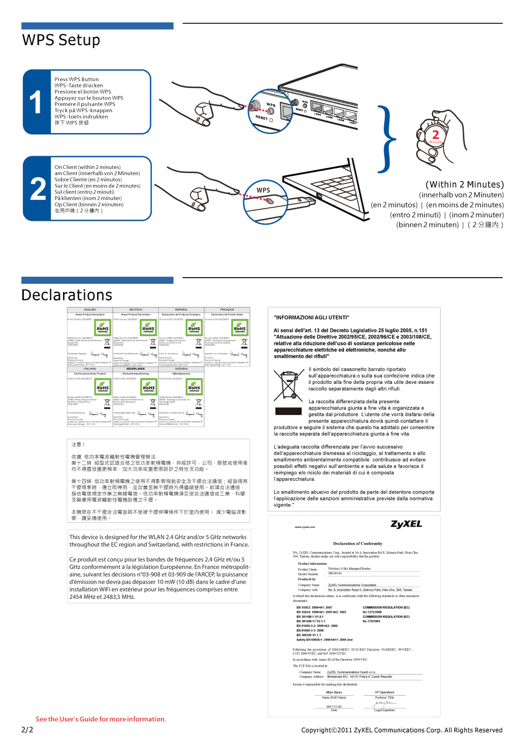 ZyXEL Communications NBG4104 quick start WPS Setup, Declarations 