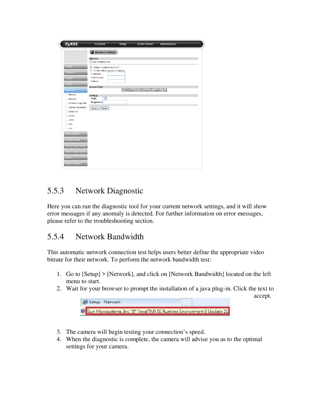 ZyXEL Communications network camera manual Network Diagnostic, Network Bandwidth 