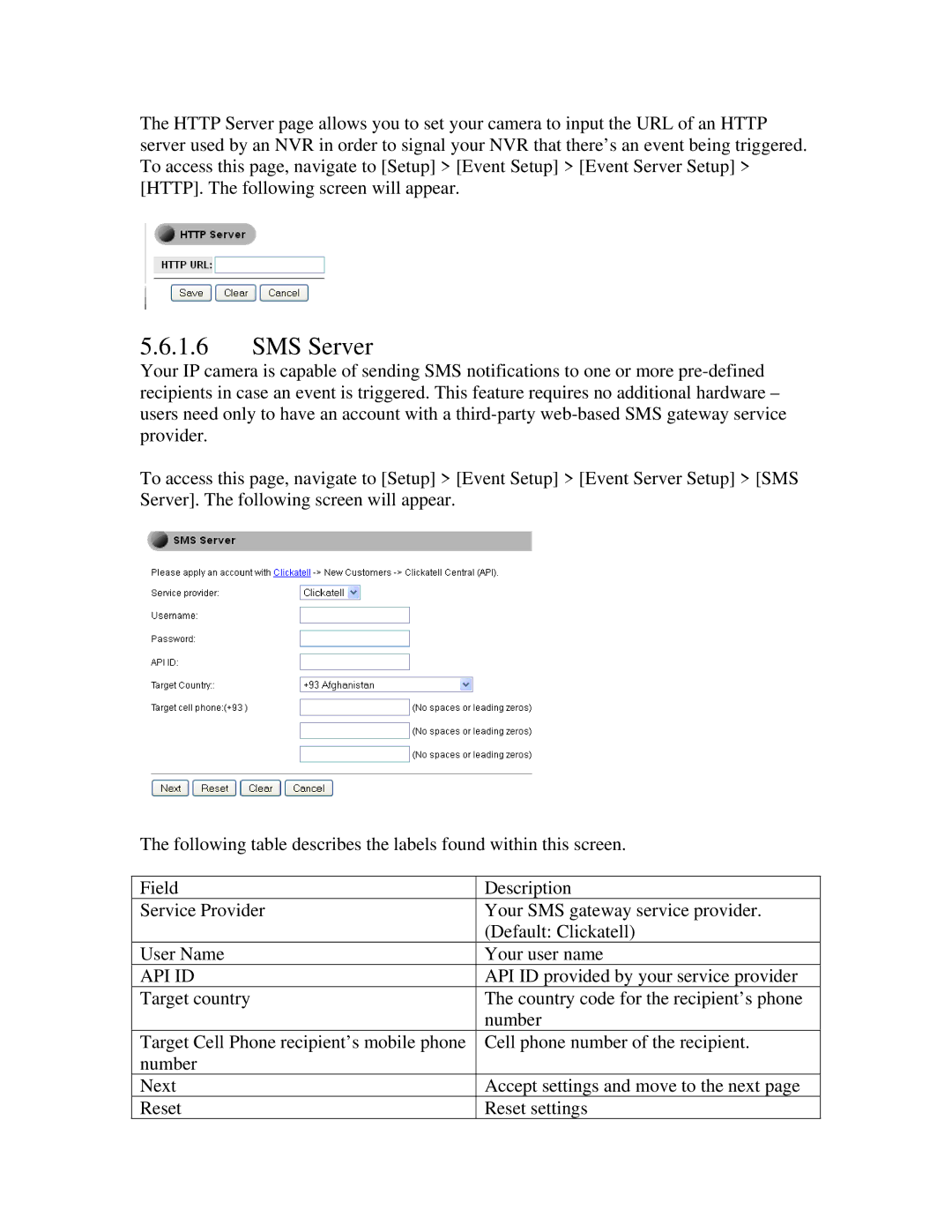 ZyXEL Communications network camera manual SMS Server, Api Id 