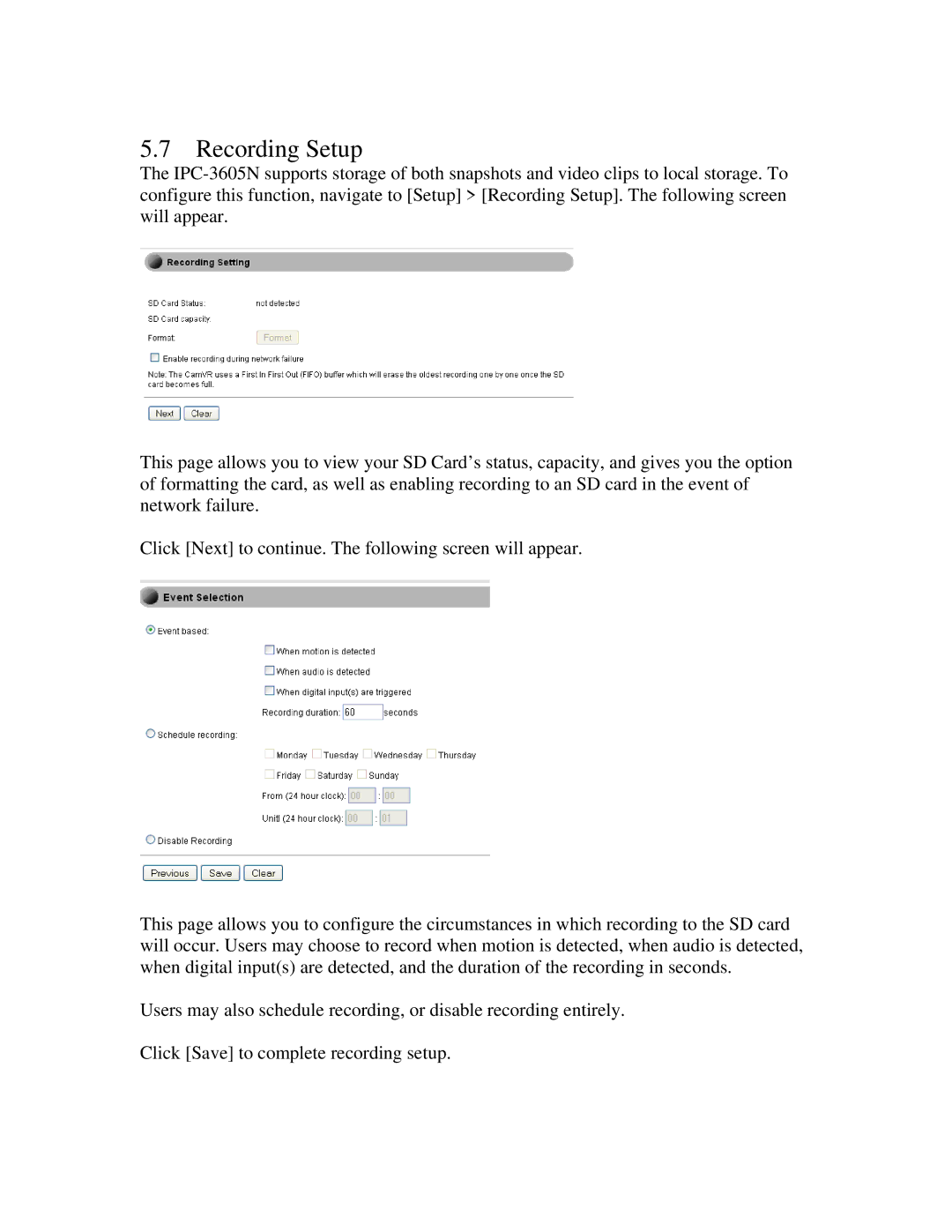 ZyXEL Communications network camera manual Recording Setup 