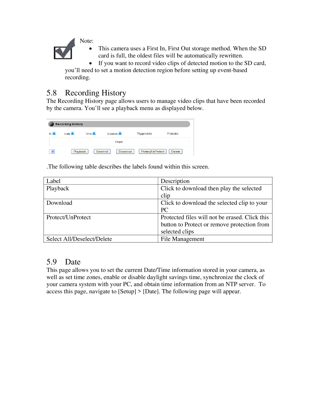 ZyXEL Communications network camera manual Recording History, Date 