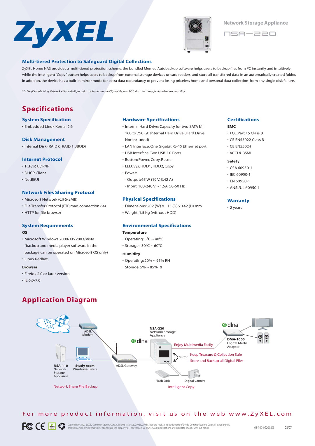 ZyXEL Communications NSA-220 manual Specifications, Application Diagram 