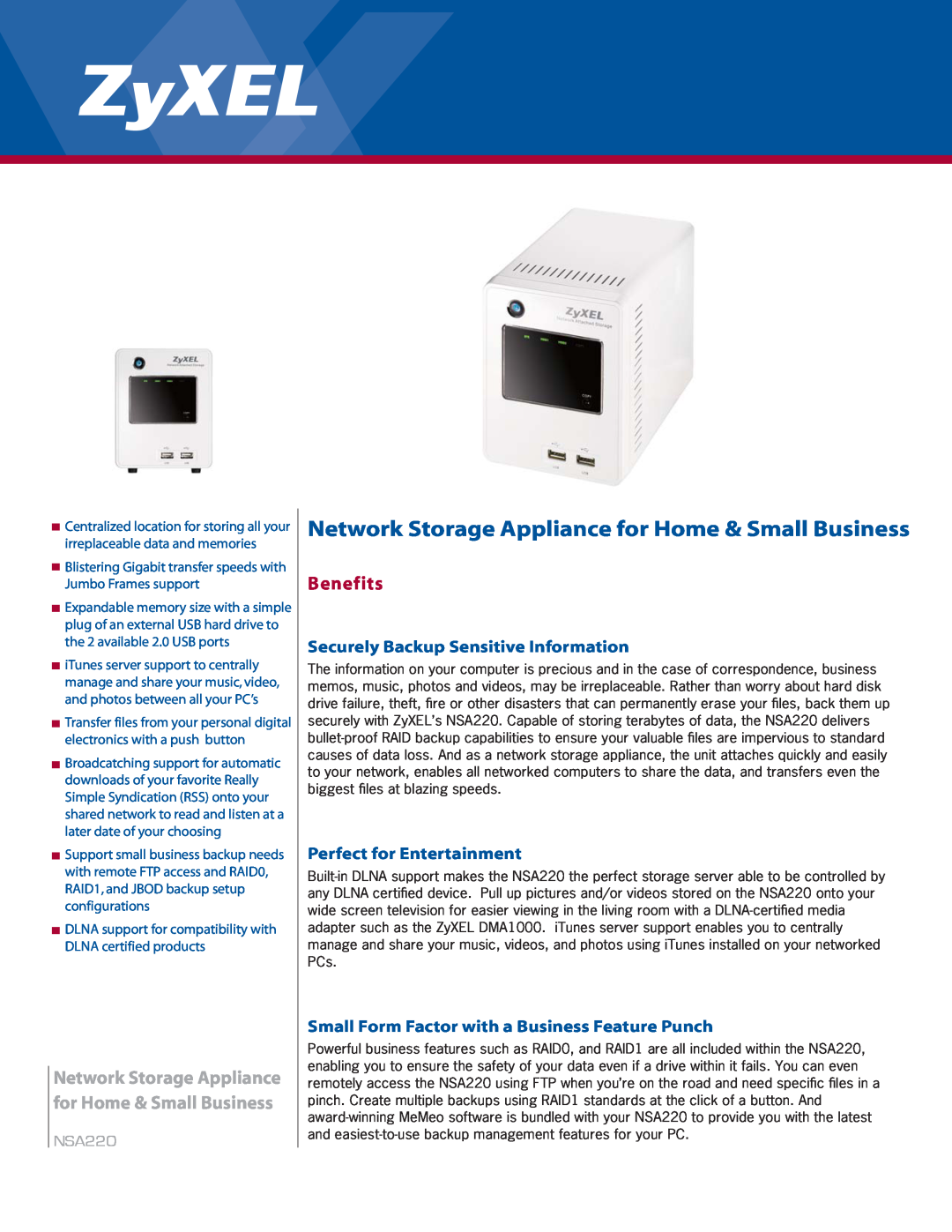 ZyXEL Communications NSA220 manual Network Storage Appliance for Home & Small Business, Benefits 