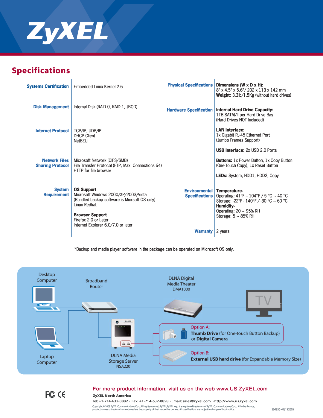 ZyXEL Communications NSA220 manual Specifications, Desktop Computer Laptop Computer, Option A, or Digital Camera, Option B 